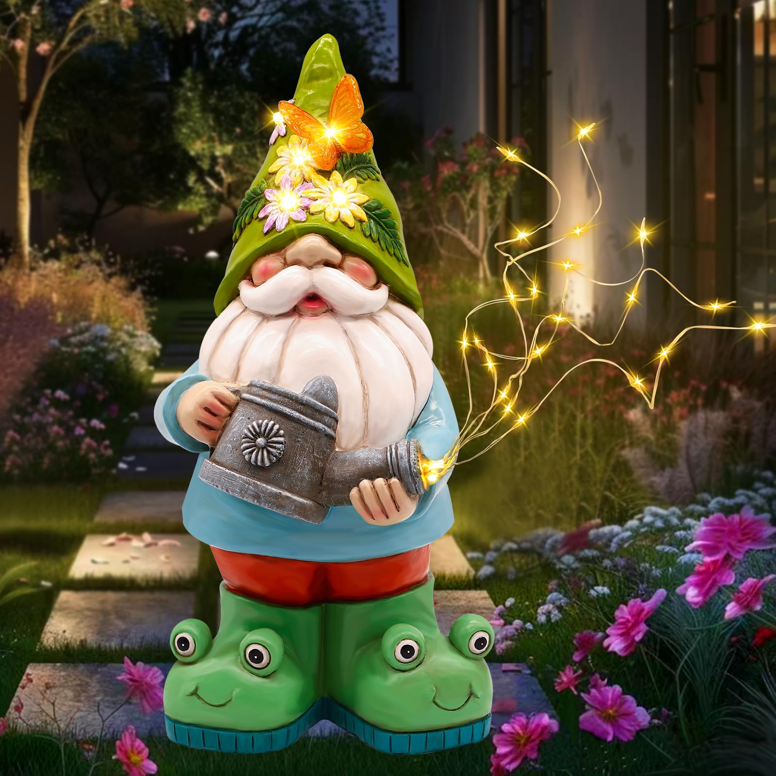 Vcdsoy Solar Watering Can Gnome with 5 Strings Light Waterproof-Funny Gnome Gifts for Mom Women Solar Outdoor LED Lights Resin G