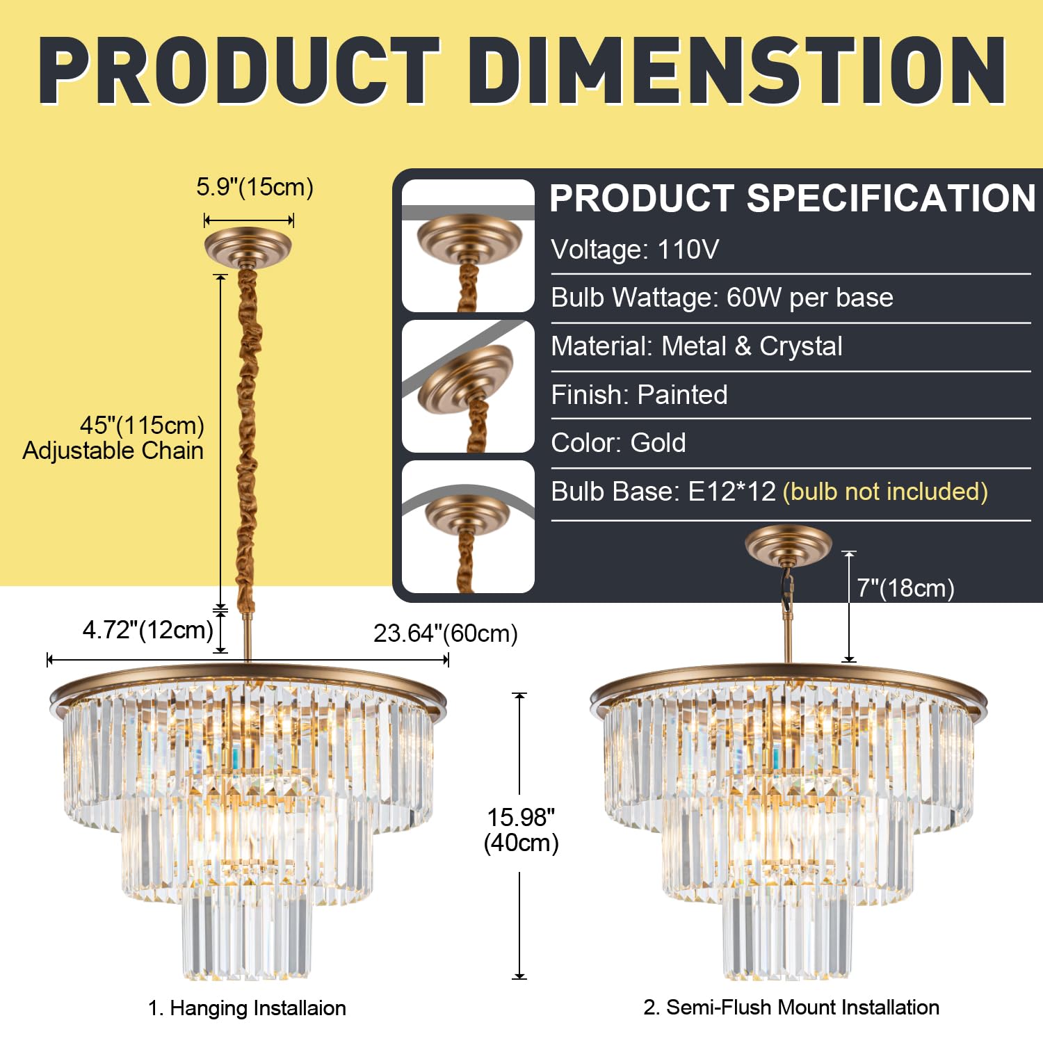 Brfaixla 12-Light 23.64 Gold Modern Crystal Chandelier Crystal Pendant Chandeliers Light Fixture 3-Tier Hanging Lighting For Living Dinning Room Bedroom Foyer