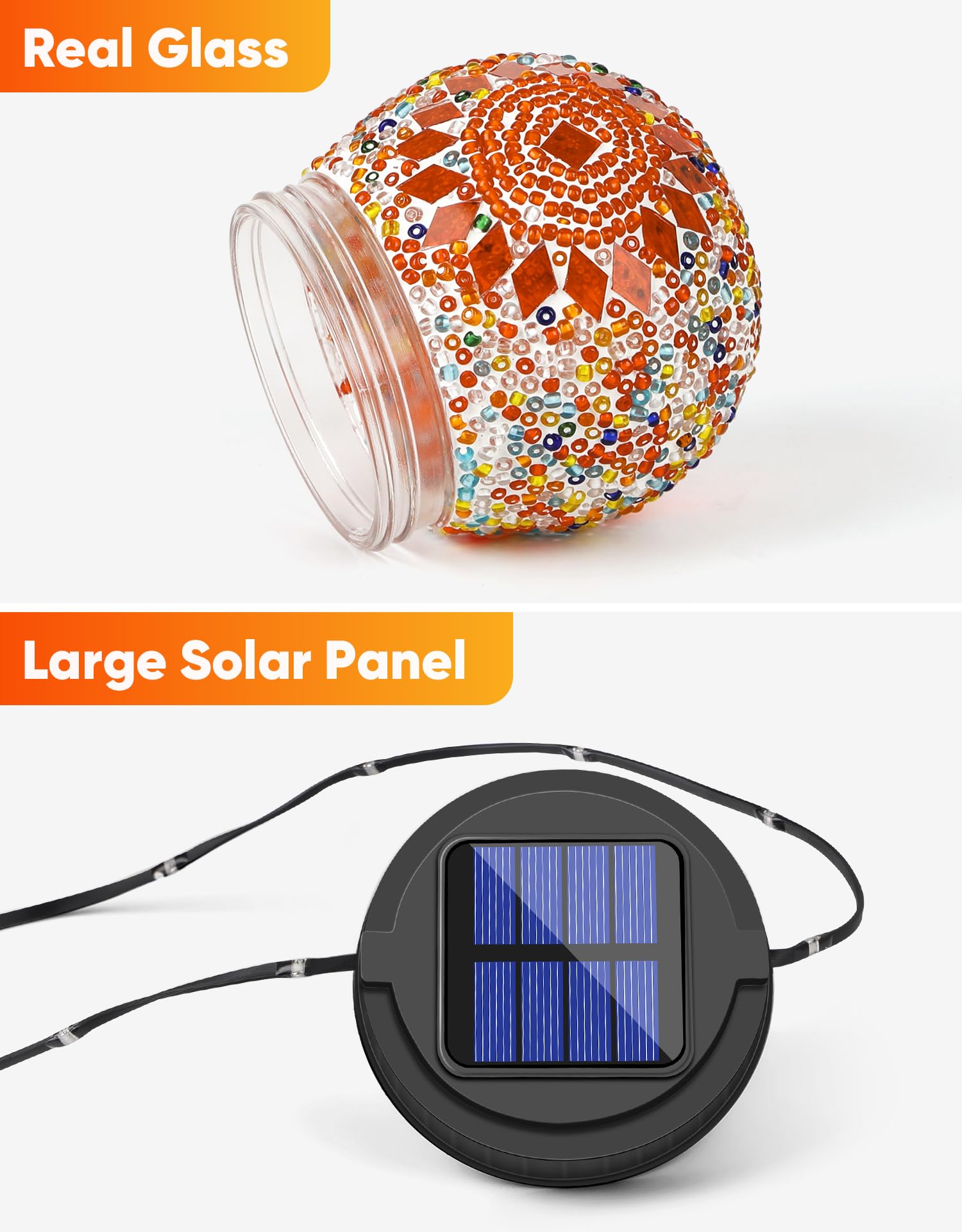 PARTPHONER Mosaic Solar Lights - 6 Pack, Waterproof Glass Globe Lanterns, Orange, Model PASO061AY6, Ideal for Garden & Patio Decor