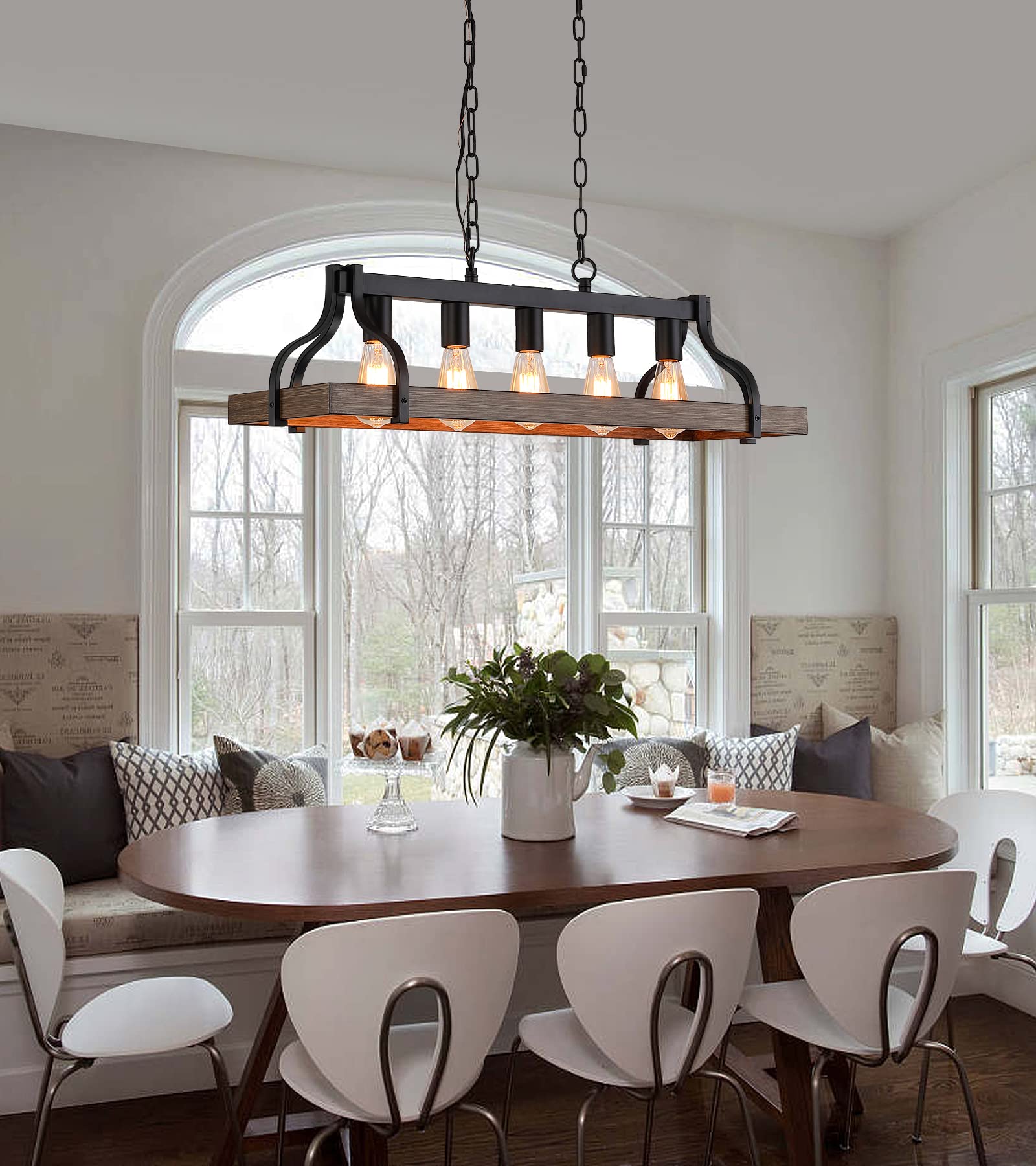 MEIXISUE Rustic 5-Light Industrial Chandelier, Black & Retro Wood Finish, L33.5" W10.6", UL Listed, Model MX-P2143-5A