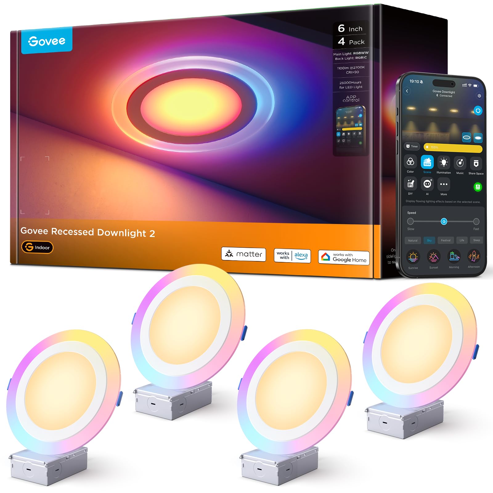 Govee Smart Recessed Lighting 6 Inch, Matter RGBIC LED Recessed Light Work with Alexa, Google Assistant, Dimmable 1100LM Canless