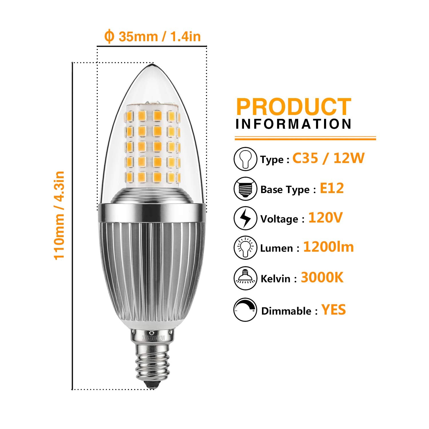 gezee LED Candelabra Bulb, 12W, 100 Watt Equivalent, Warm White 3000K, E12 Base, 8-Pack
