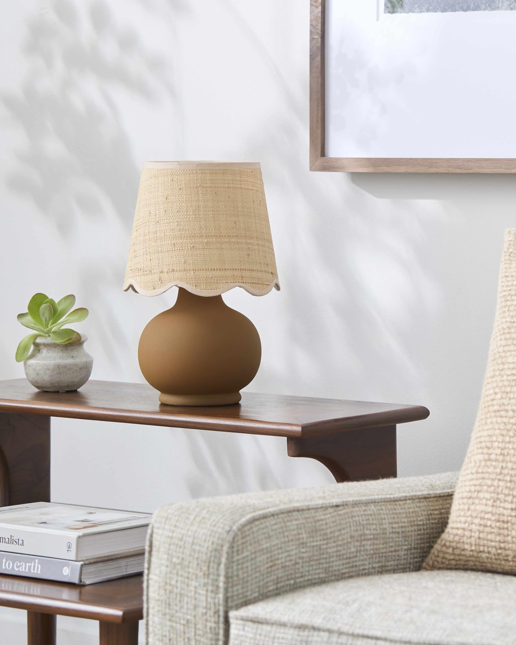 Boutiquerugs Theisseil Boho Ceramic Bedside Table Lamp For Bedroom Nightstand And Living Room - Shade Rattan - Brown, Beige - 13