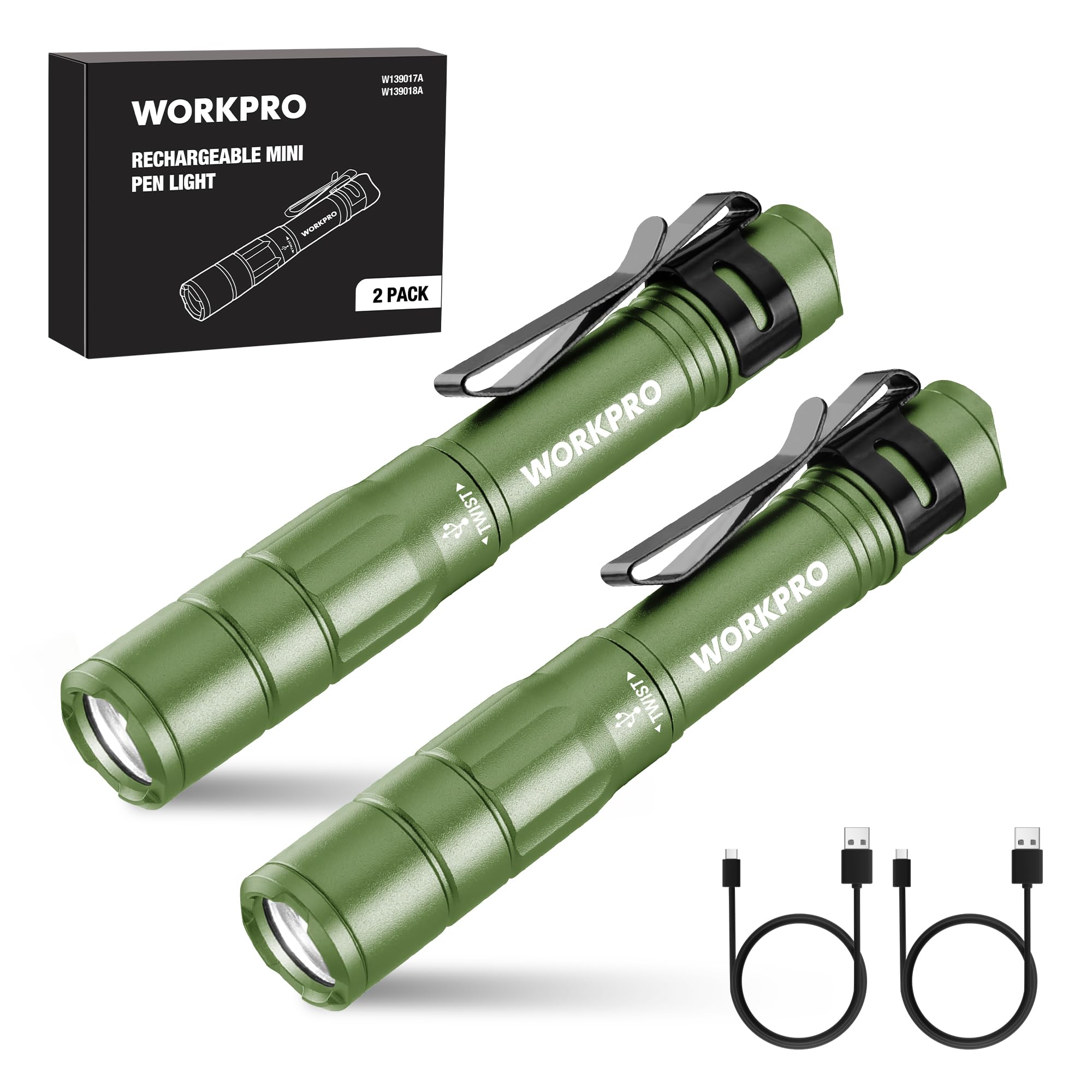 WORKPRO Rechargeable Pen Light, Mini Flashlight, 2 Pack Ultra-Compact EDC Flashlight, Pocket Flashlight with Clip, Memory Functi