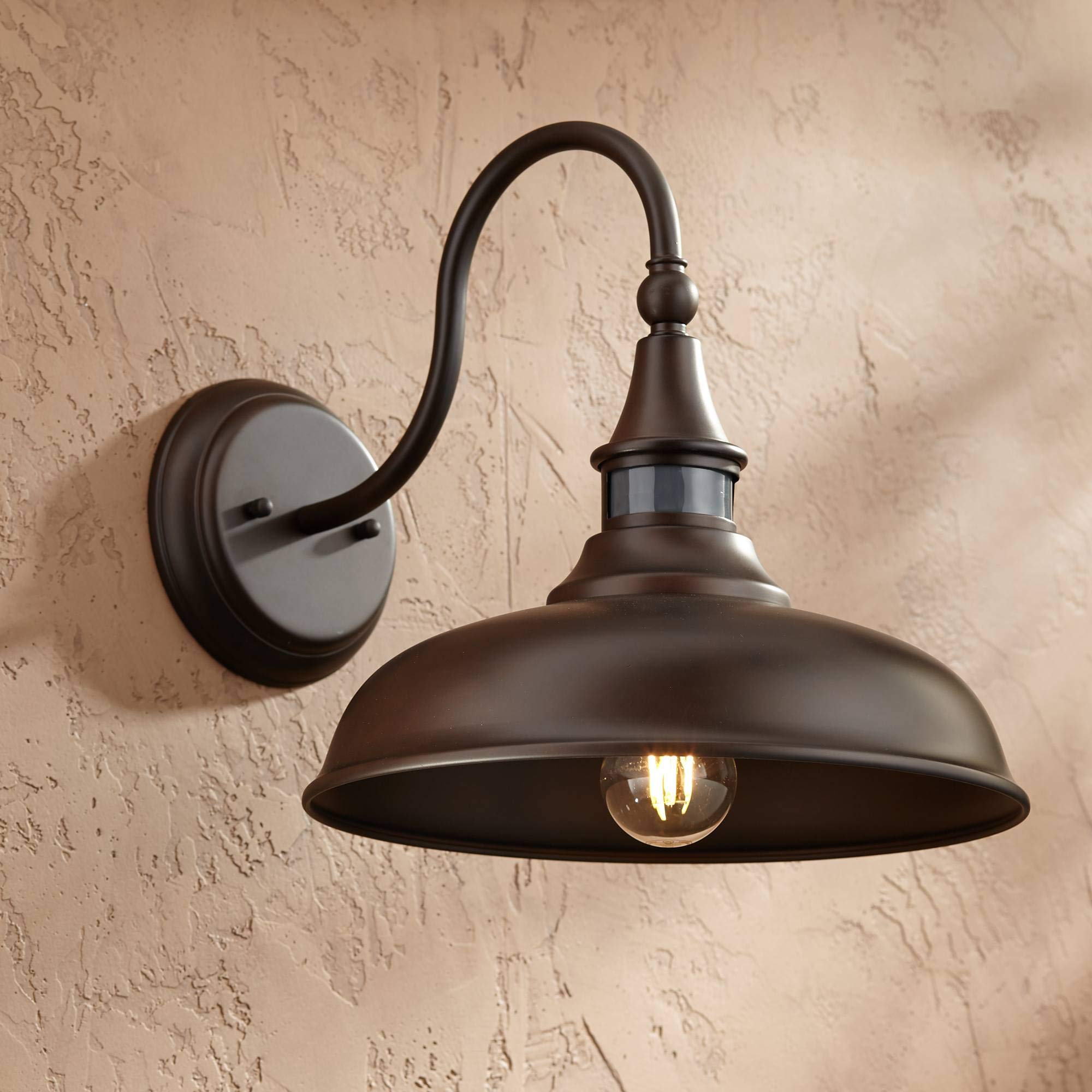 John Timberland Barn Light Fixture, 12.5in Bronze, Outdoor, Dusk to Dawn Motion Sensor, Model 63M73
