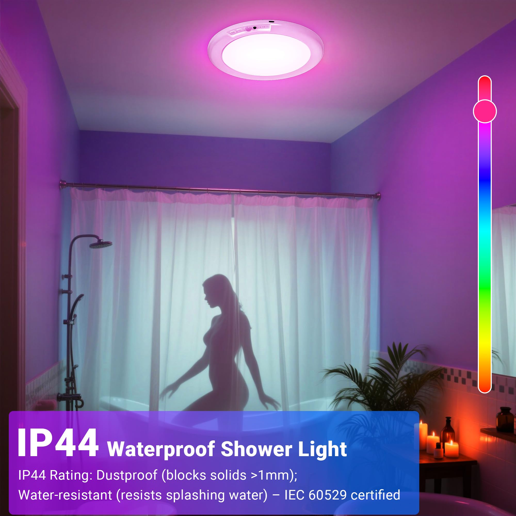 Rodalims Rechargeable Ceiling Shower Light with Remote, RGB & White, Motion Sensor, 1 Pack, Model CeilingLight-RL0032A1