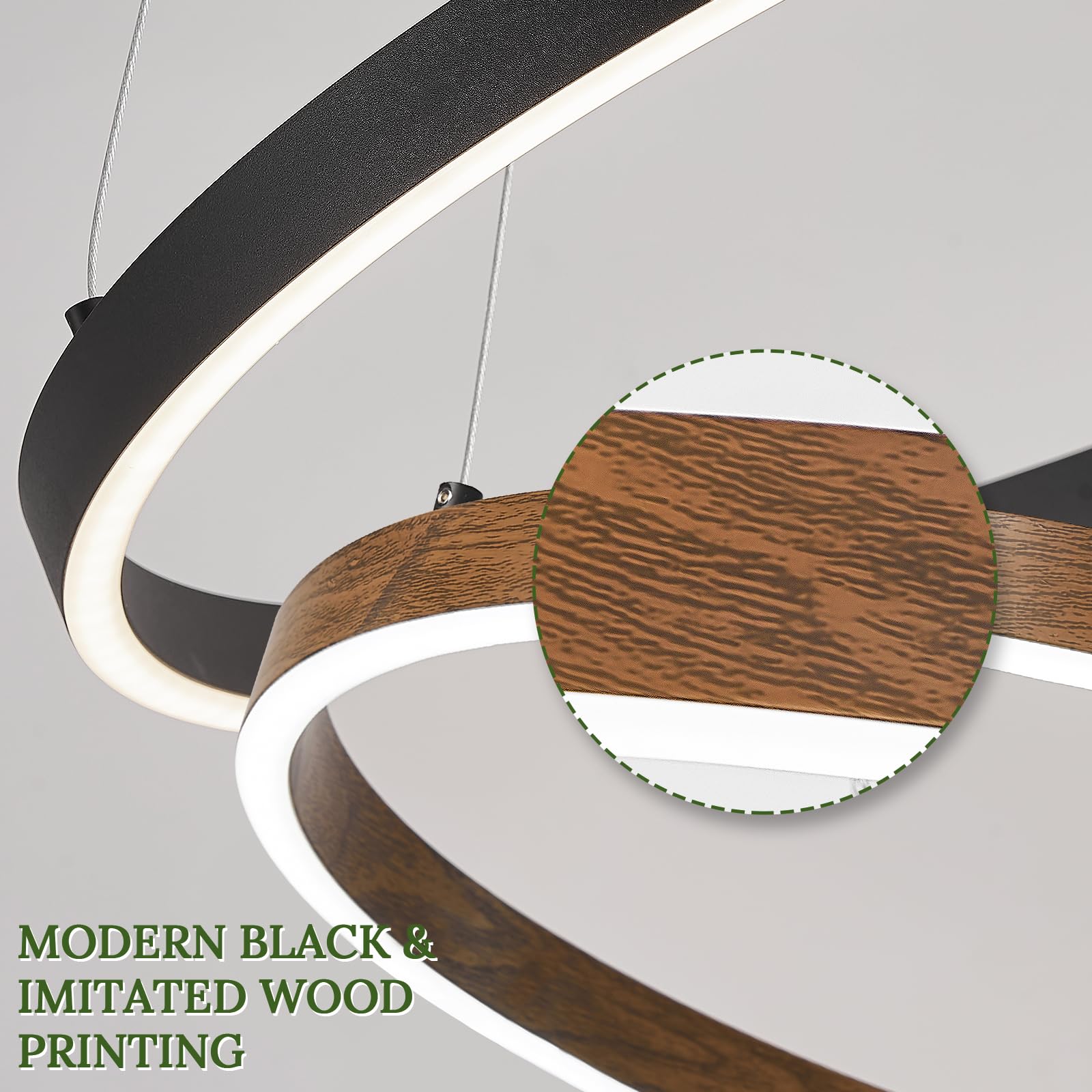 CaraLuxe LED Chandelier 3 Ring Pendant Light 75W Dimmable Black Walnut Wood 24in for Dining Room Living Room Kitchen