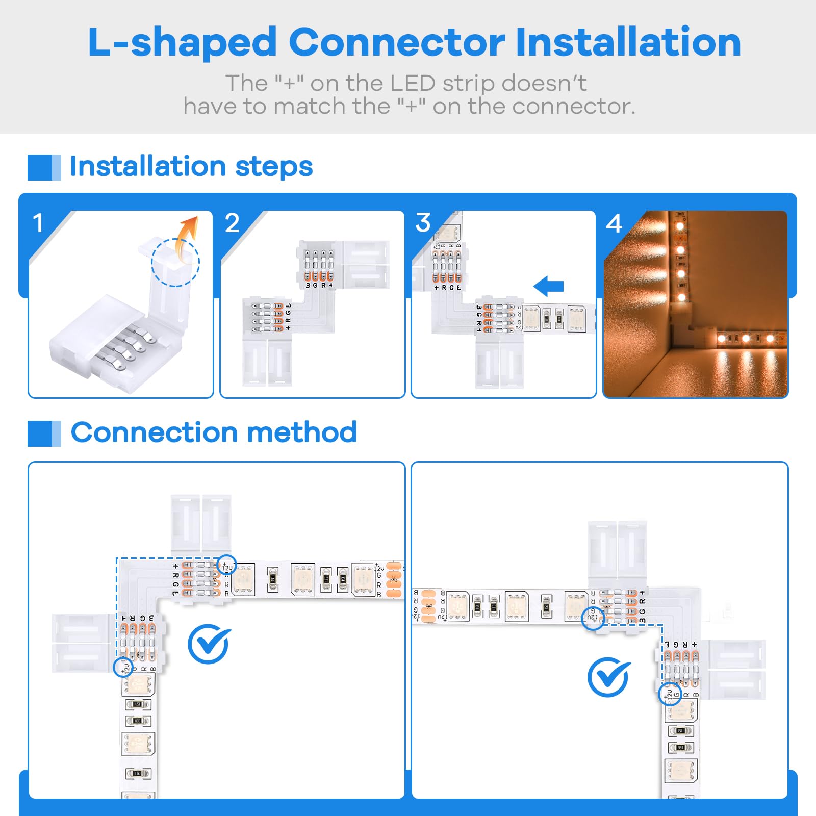 Pmxary 42Pcs 4 Pin Led Strip Connectors Kit For 5050 10Mm Wide Rgb Led Strip Light, Includes 8 L-Shaped, 4 T-Shaped, And 30 Sold