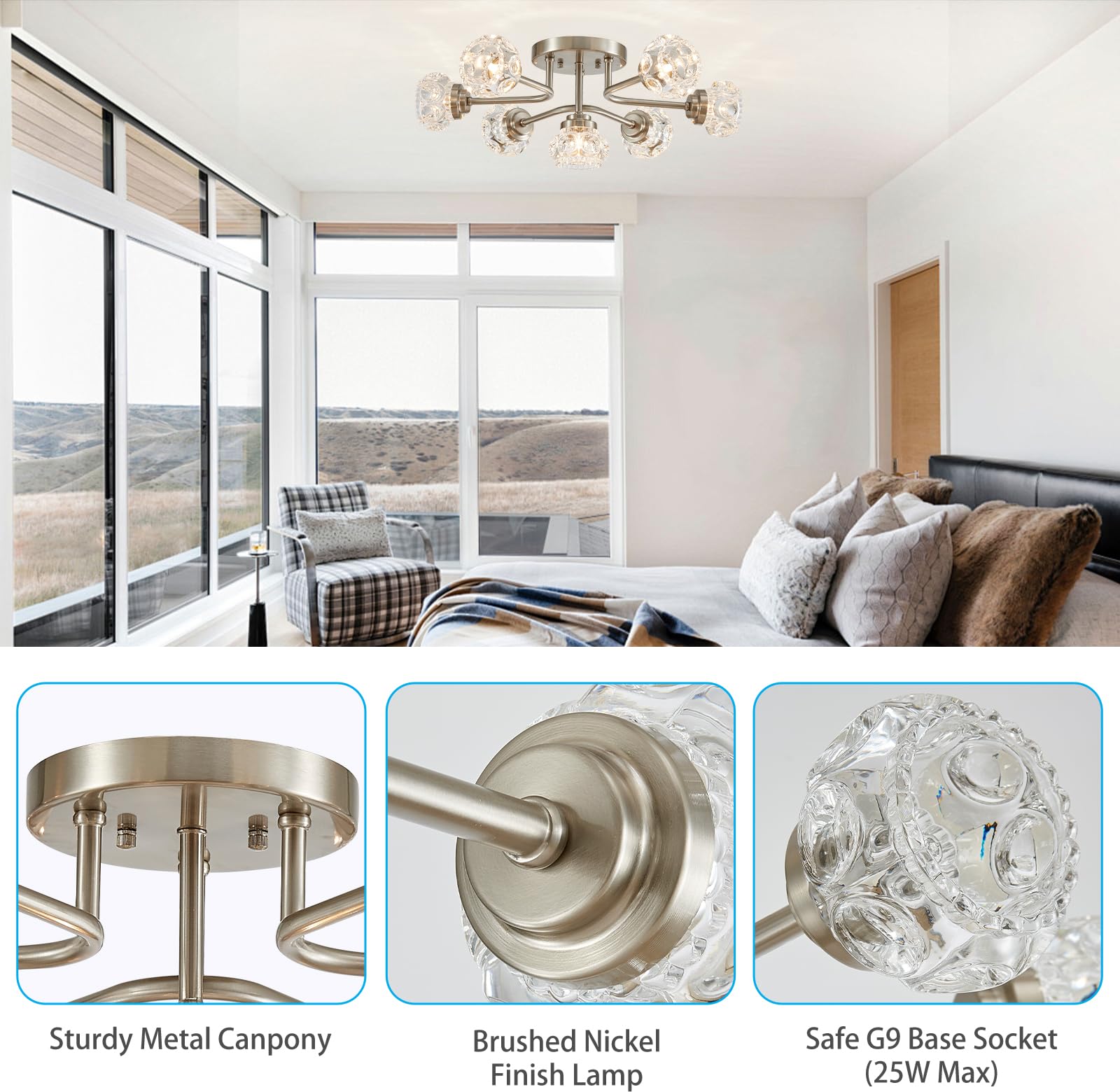 XINGQI Modern Sputnik 7-Light Ceiling Light Fixture, Brushed Nickel Chandelier for Dining Room, Bedroom, Kitchen, Model MXY002-BN