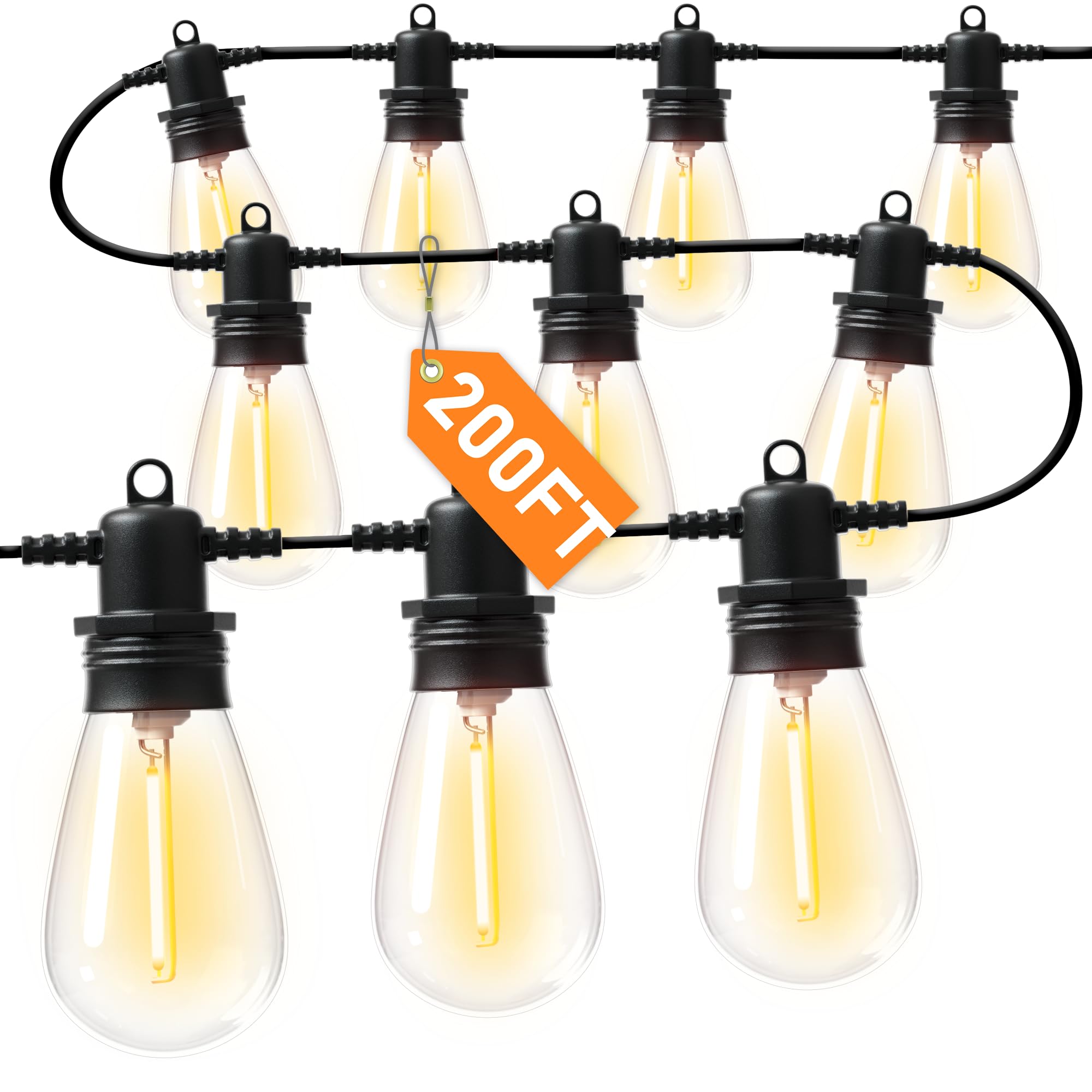 Jerritte 200Ft Led Outdoor String Lights, 60 Shatterproof Bulbs, Warm White, Ip65 Waterproof, Model Jr-S14-200, Dimmable, Heavy Duty
