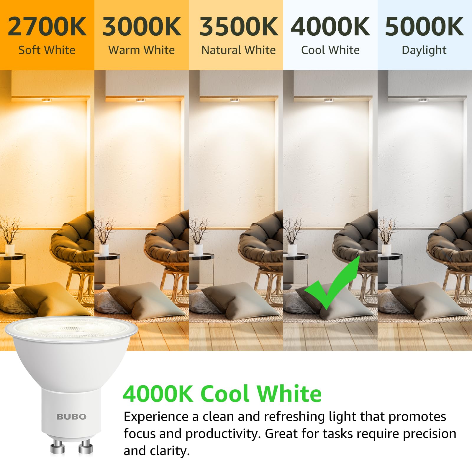 Bubo Gu10 Led Bulb 6W Equivalent 50W, 4000K Cool White 650 Lumens, Non-Dimmable Gu10 Bulb Replacement For Track Lighting, Mr16 L