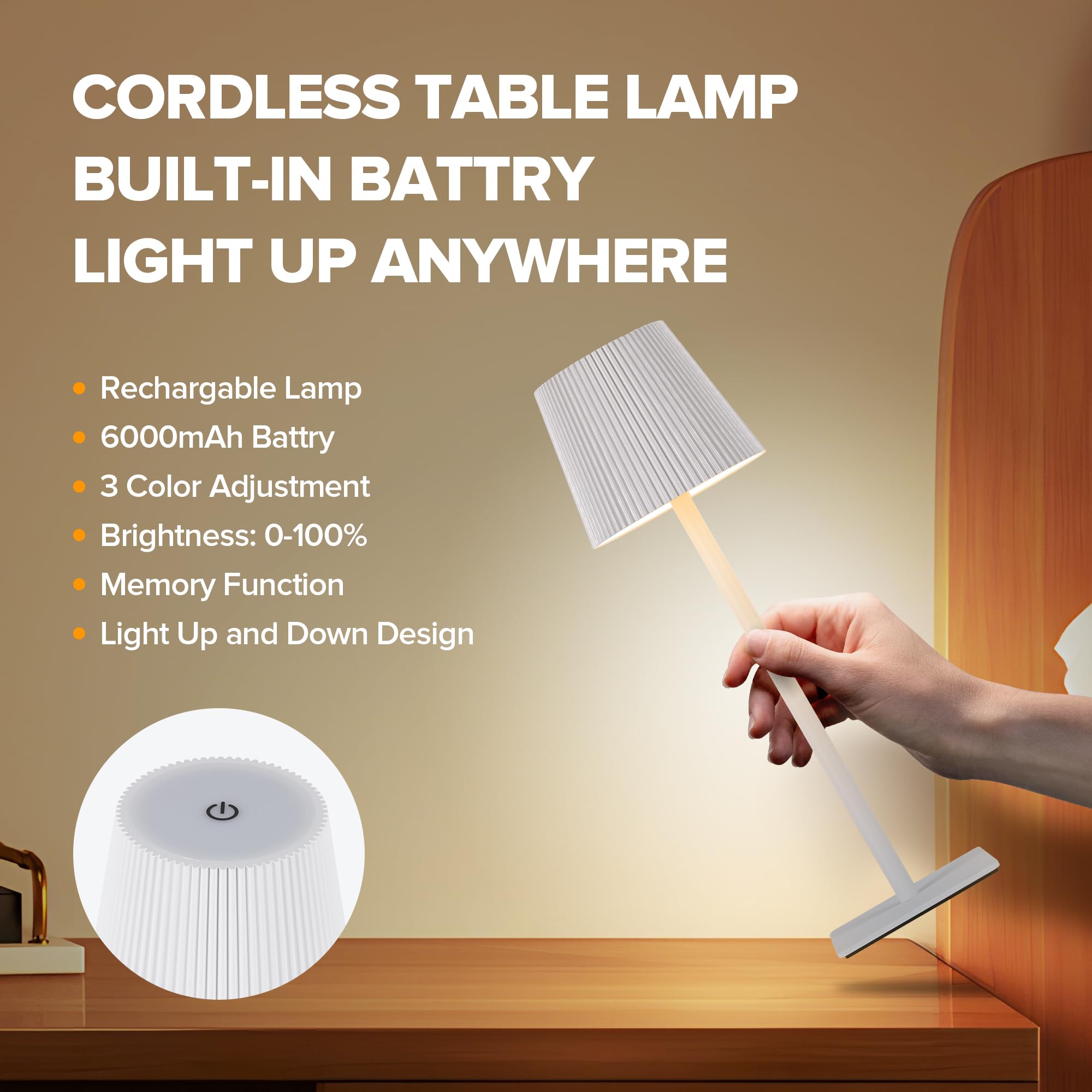 LUTEC Cordless Table Lamp 2 Pack, 6000mAh Rechargeable, Waterproof, Touch Control, 14.57" - White, Model 850330-2pcs