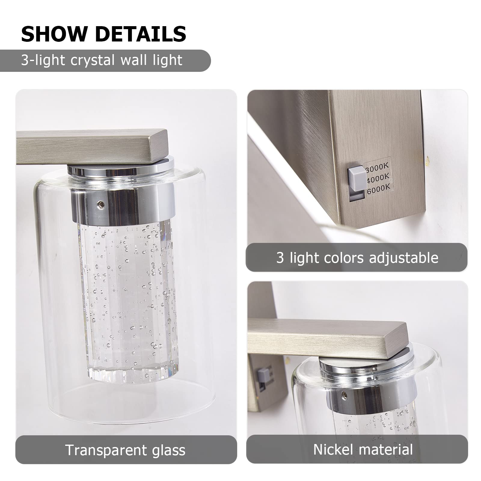 Sadenicel 3-Light Brushed Nickel Vanity Lights - Dimmable Crystal Led Fixtures For Bathroom