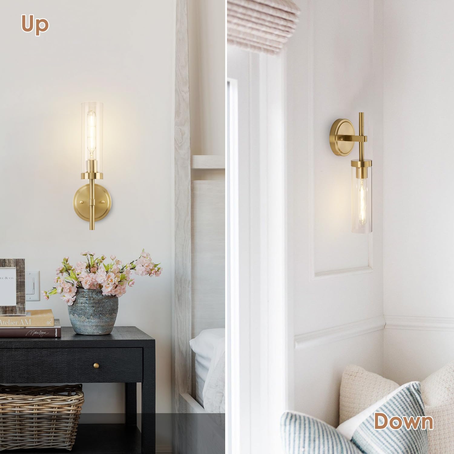 Santostock Gold Wall Sconces Set Of 2, Modern Bathroom Sconces Wall Lighting Vanity Light Fixtures With Clear Glass, Brushed Bra