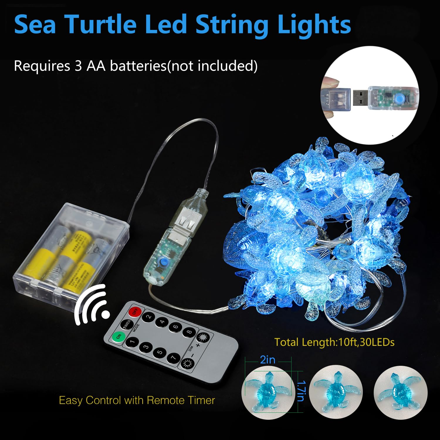 Blue Sea Turtle String Lights -Nautical Wall Décor -Fairy Lights-10Ft 30 Leds -Remote Controll-Usb Plug-In -Battery Pack - Summer Ocean Themed -Wedding- Baby Shower- Birthday Party -House Decoration