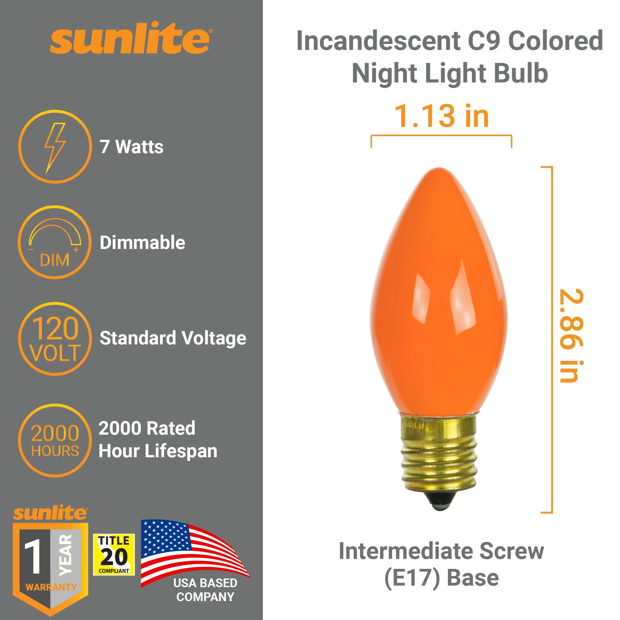 Sunlite Incandescent C9 Colored Night Light Bulb, 7 watts, 120 Volts, Intermediate E17 Screw Base, 2000 Rated Hours, Christmas-L