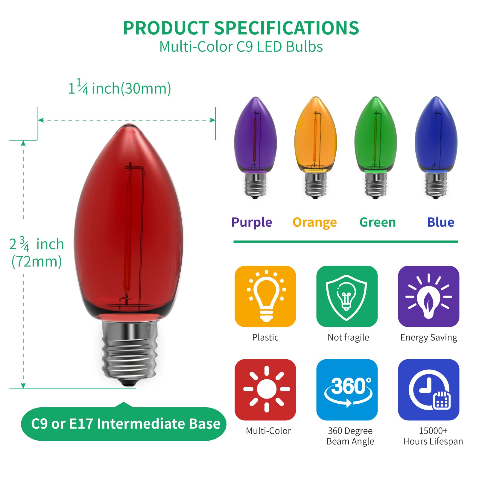 Meconard C9 Led Replacement Christmas Light Bulb, C9 Shatterproof Led Bulbs For Christmas Outdoor String Lights, E17 Intermediat
