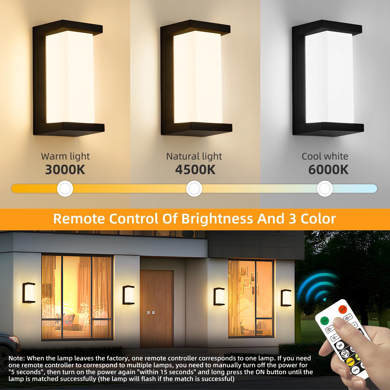ZOOPEEN Outdoor Wall Lamp, Remote Control, 3 Color Modern Lighting, 2 Pack, Waterproof, Aluminum, Black, Model Z-3CCTRCWL