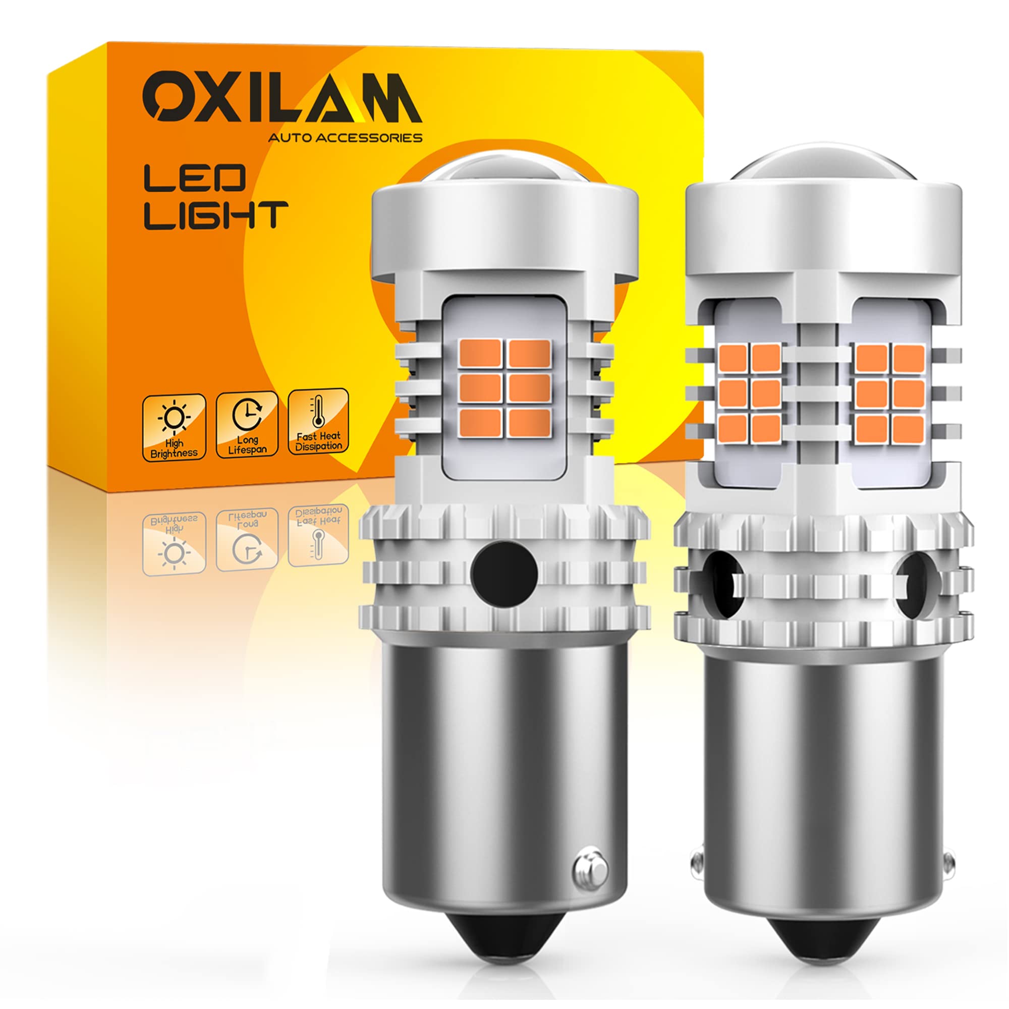 OXILAM LED Bulbs for Turn Signal Lights, Amber Yellow, BAU15S, Built-in Load Resistor, 2800LM, 2PCS