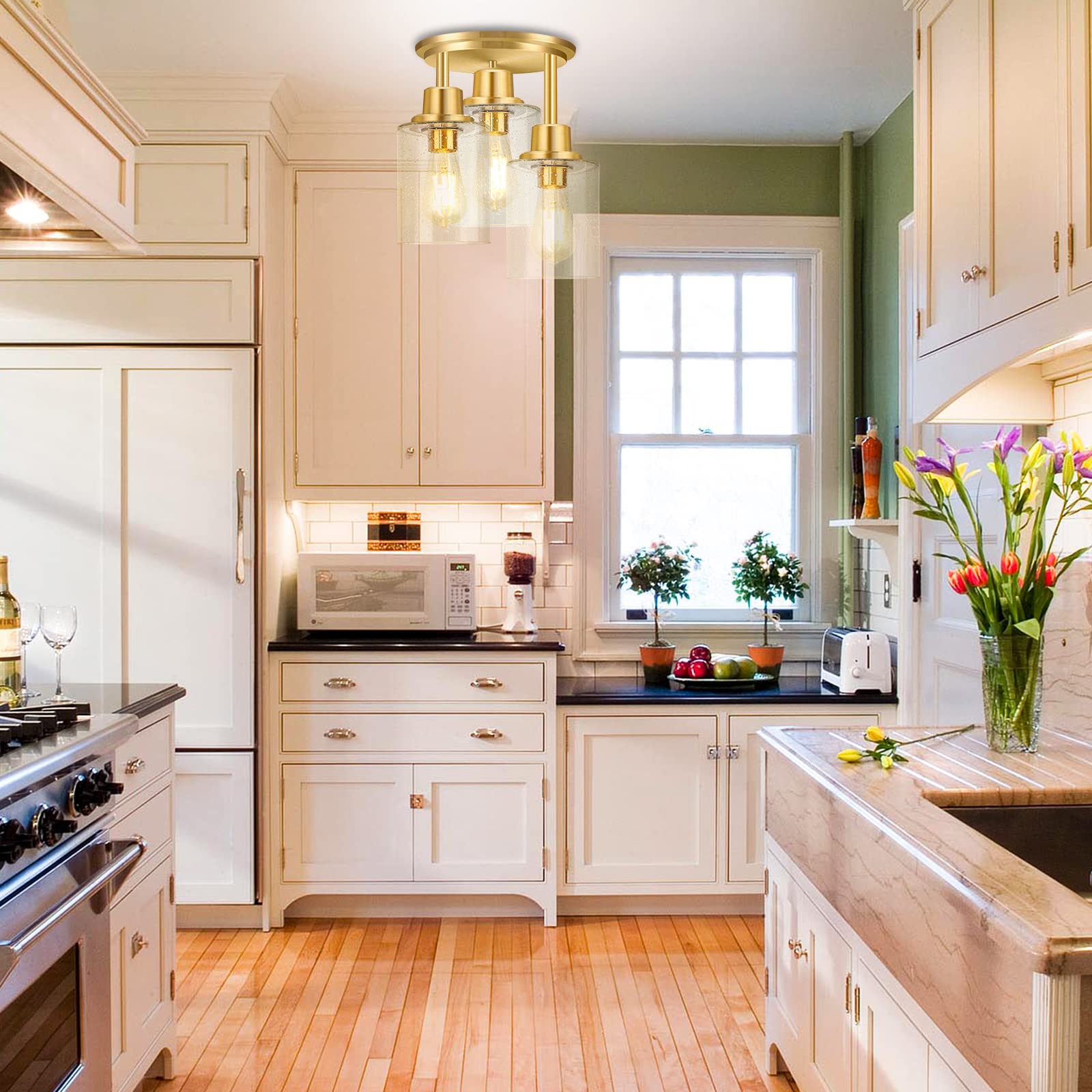 ROTTOGOON Semi Flush Mount Ceiling Light 3-Light Brass Gold Glass Shade