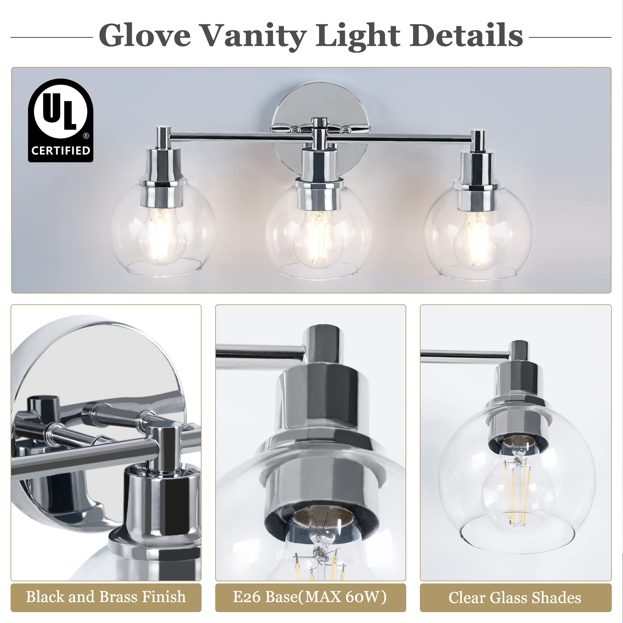 Espird 3-Light Bathroom Vanity Light Fixtures, Polished Chrome Metal Wall Sconce, Model EP-HL-N3C, Industrial & Farmhouse Design