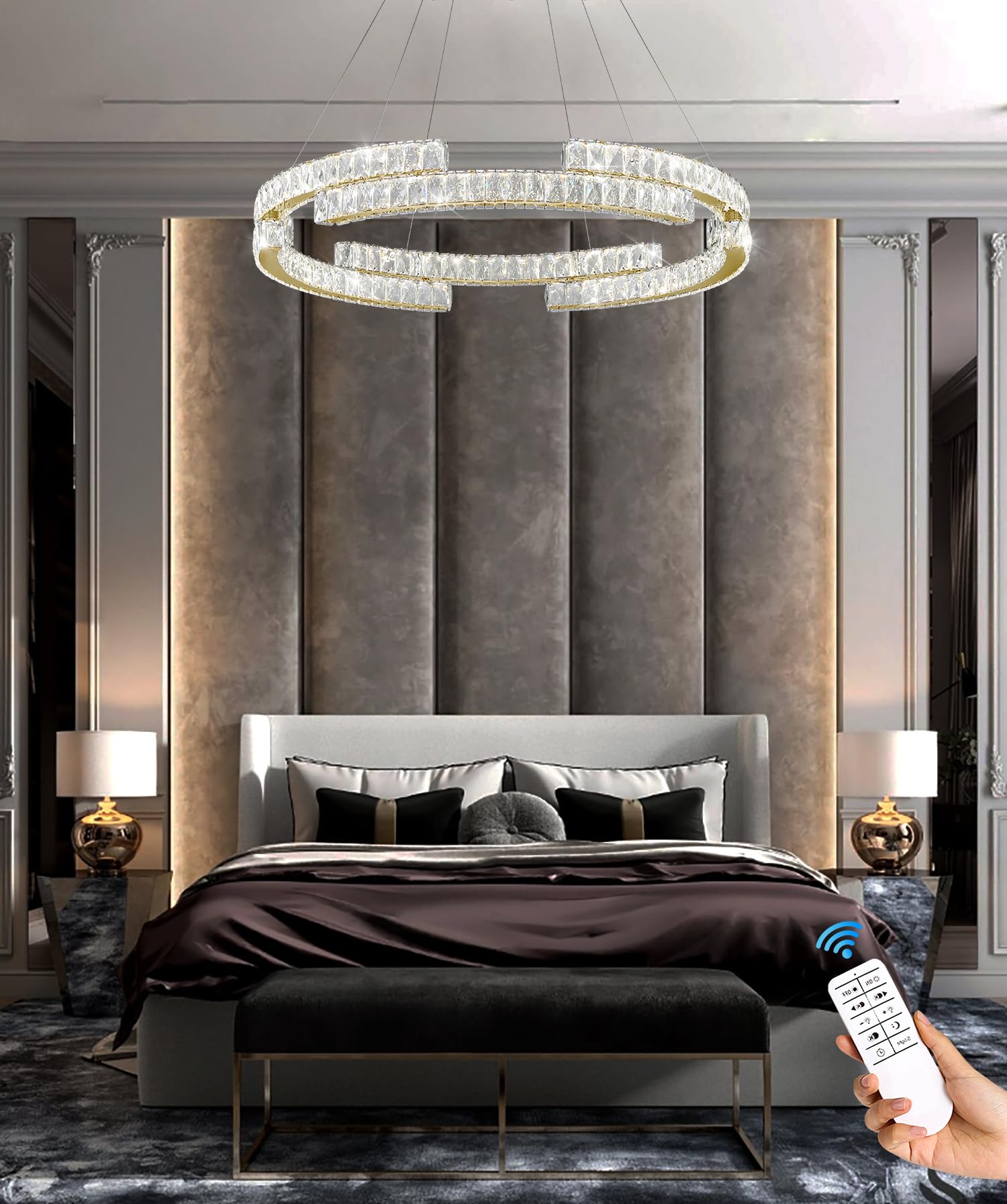 IDEQUY Modern Gold Crystal Ring Chandelier Pendant Light D24in Dimmable 3000k-6000k Stainless Steel & Crystal