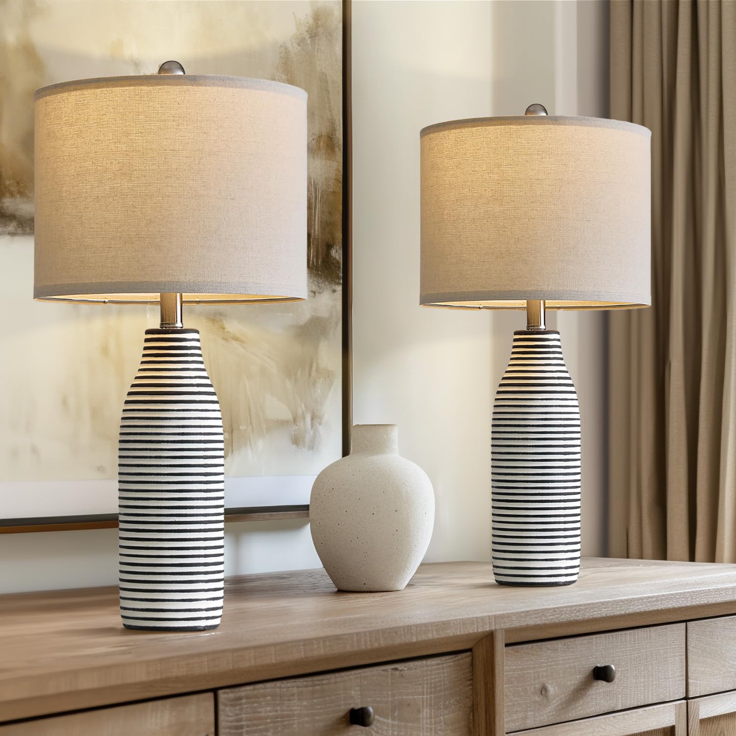 PORTRES 25" Ceramic Table Lamps Set of 2 - Black and White Stripes for Living Room & Bedroom - Model AMZ-T1185BW0