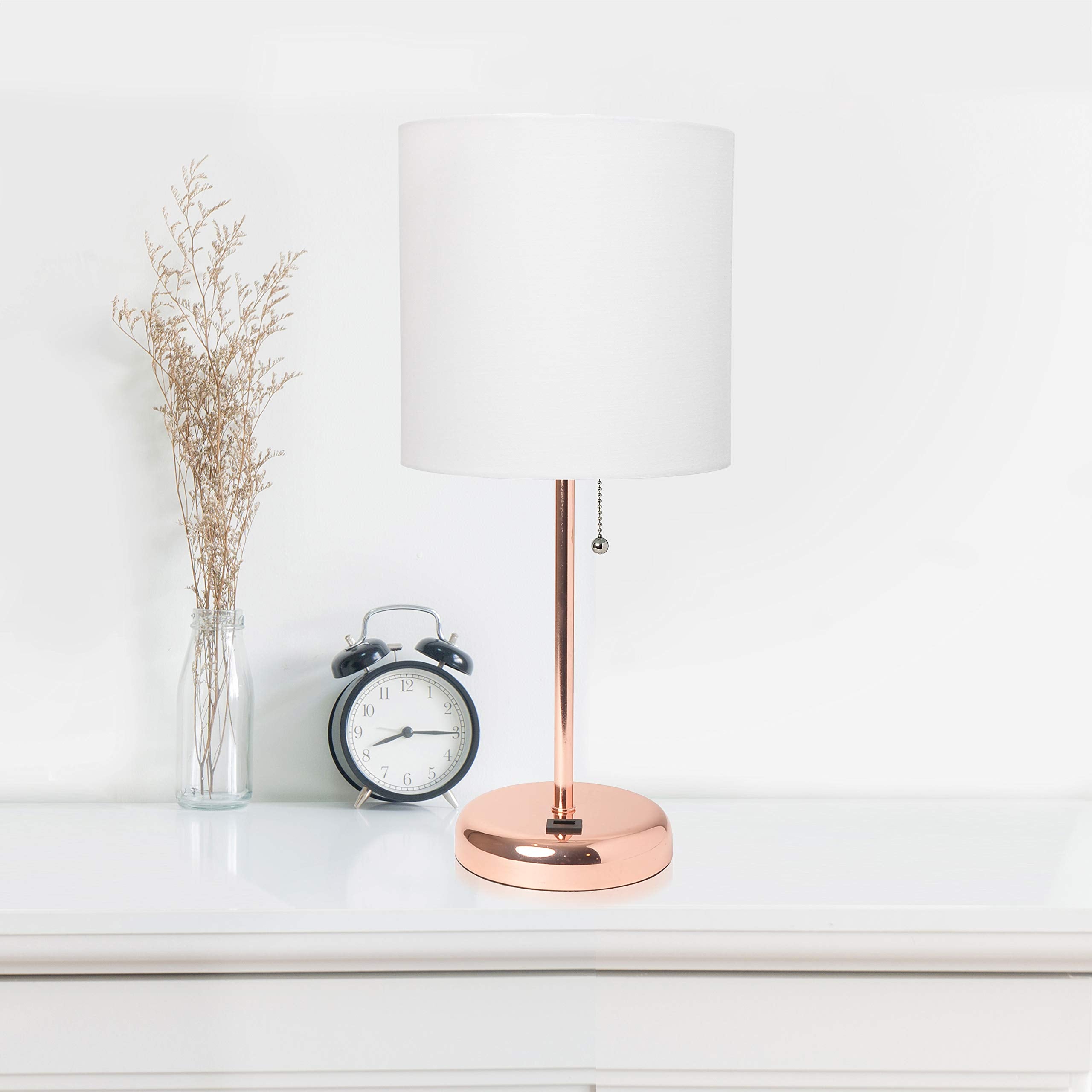 Simple Designs Lc2002-Rgd-2Pk Rose Gold Stick Table Lamp Set With Usb Charging Port And White Fabric Shades, 2 Pack Set