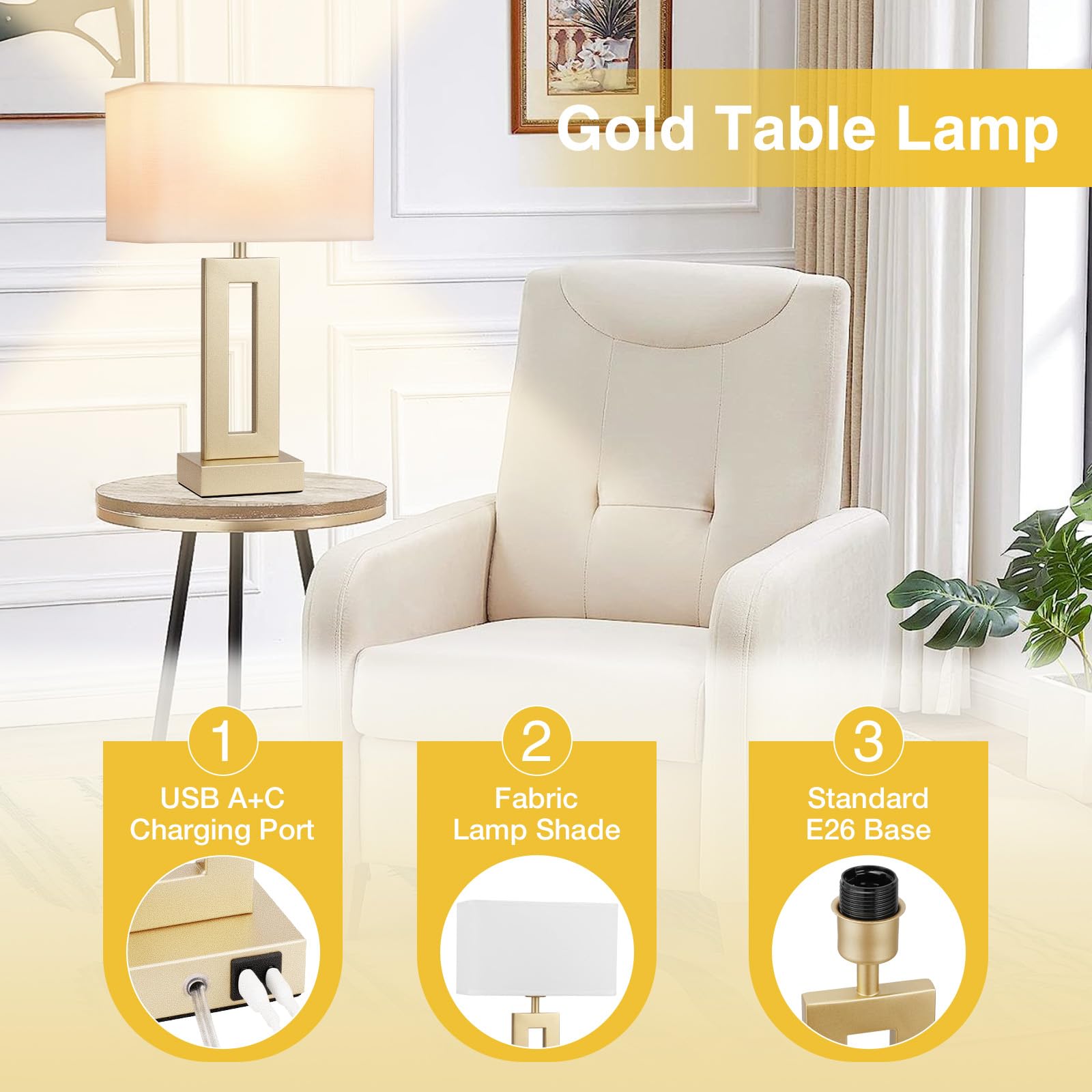 Bedroom Table Lamps Set Of 2 - Touch Bedside Lamps With Usb C+A, 3 Way Dimmable Gold Lamp For Nightstand, Modern Night Stands La