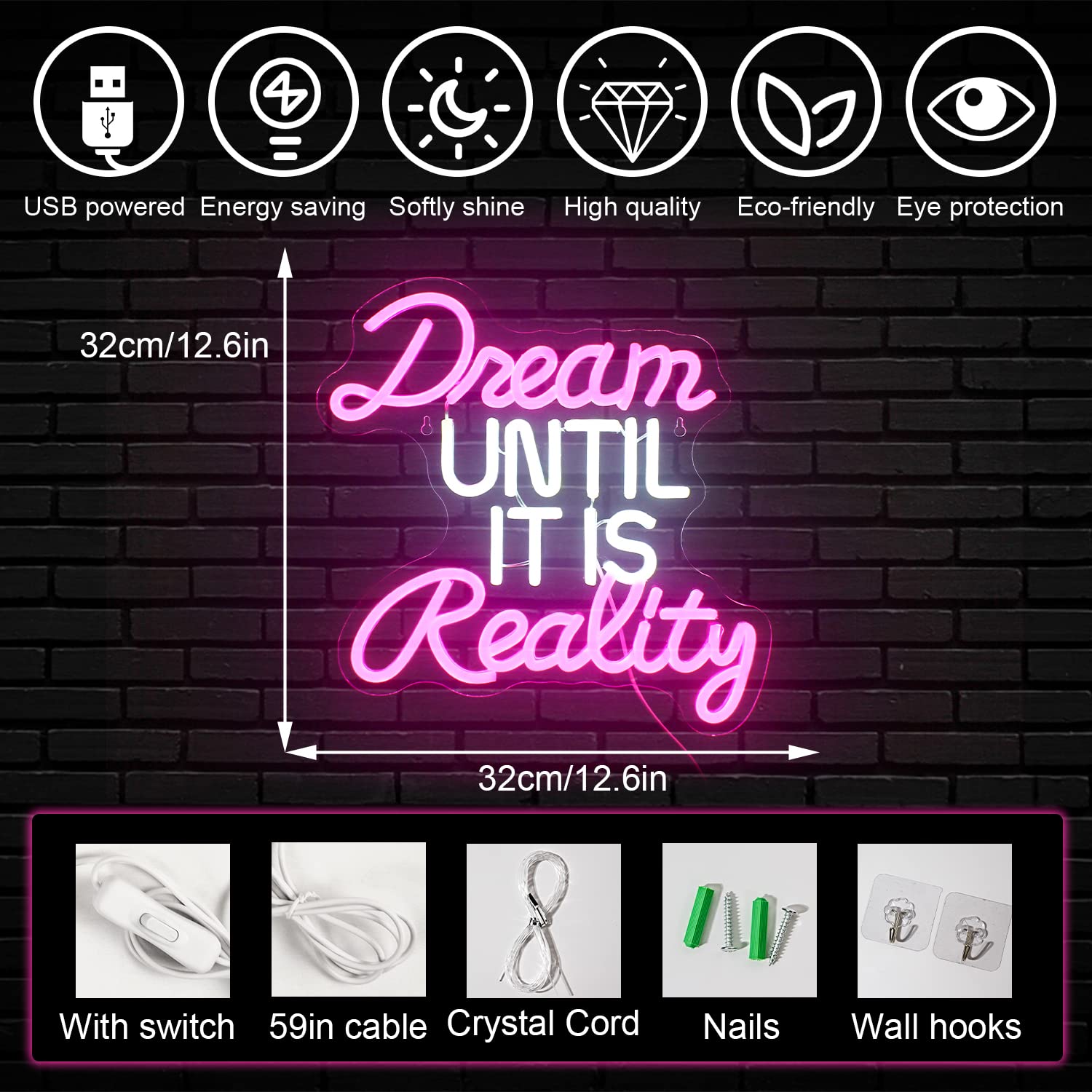 Horseneon Neon LED Sign - Dream Until It Is Reality - USB Powered - Acrylic - Pink/White - Model 1273 - Wall Decor for Bedroom/Office