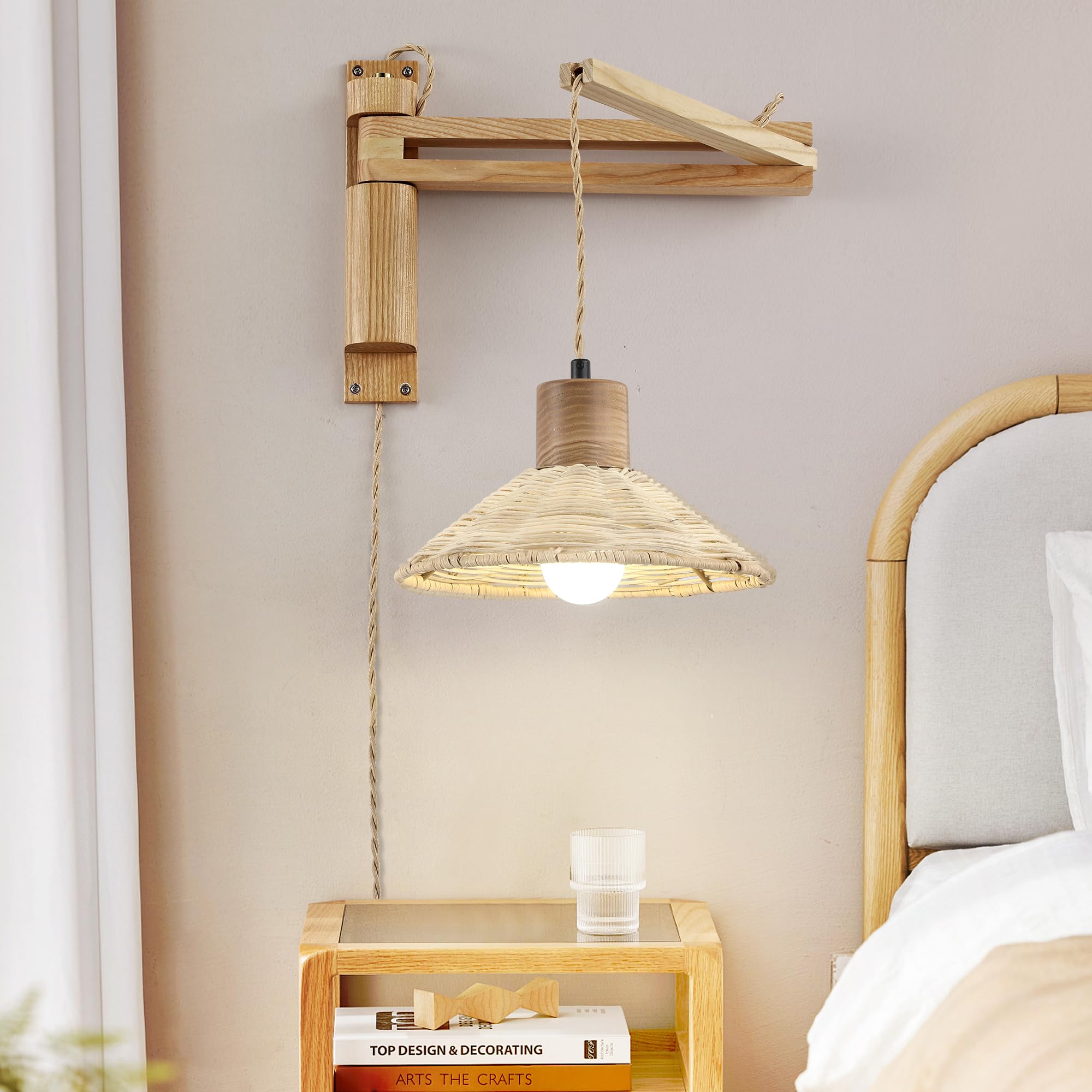 maesta Wood Plug Wall Sconce, Vintage Dimmable Swing Arm Lamp, Brown Bamboo, Model A027-3, Bulb Included