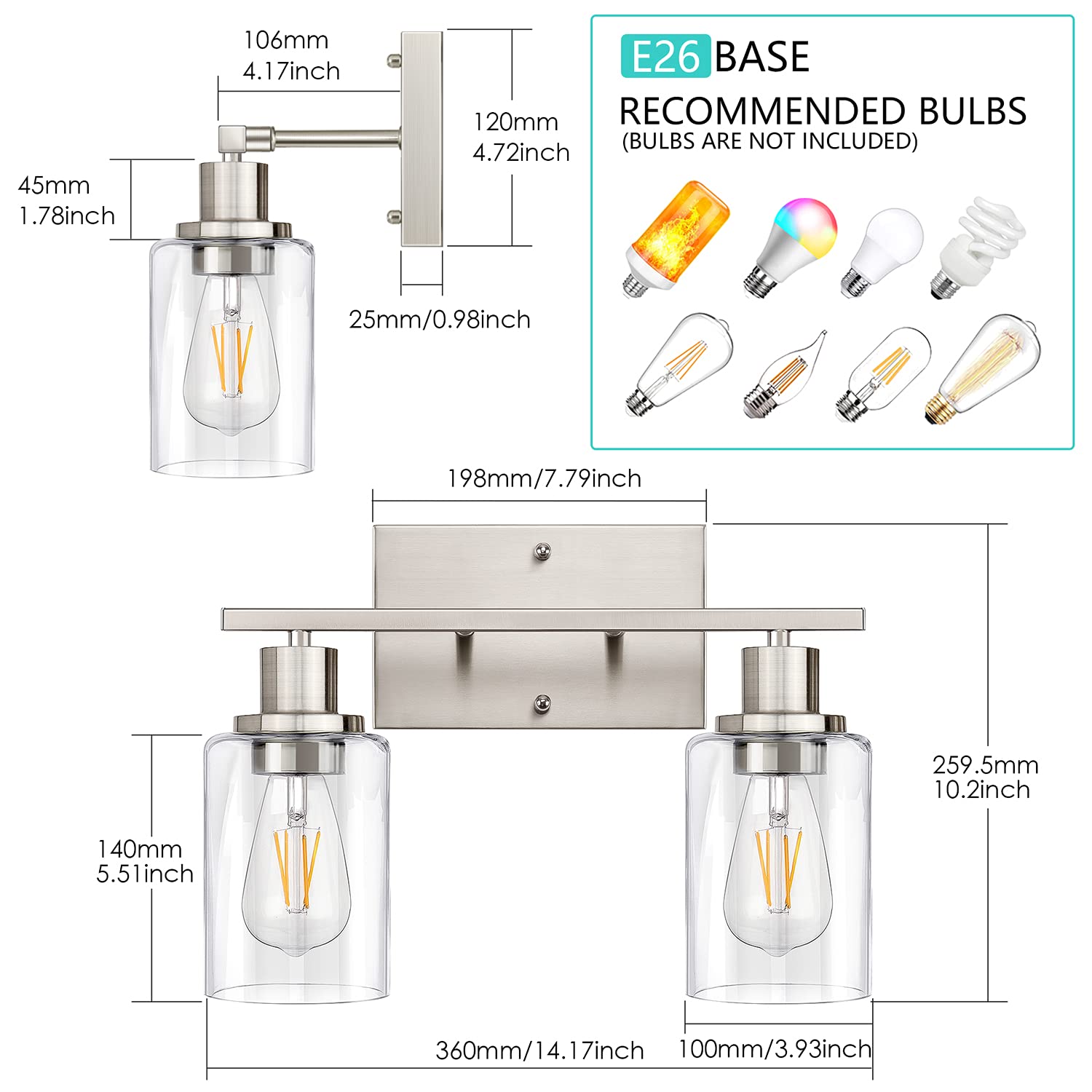 ShineTech 2-Light Bathroom Vanity Light, Brushed Nickel, Clear Glass Shade, 14.17 inch, Model OMTZT-009