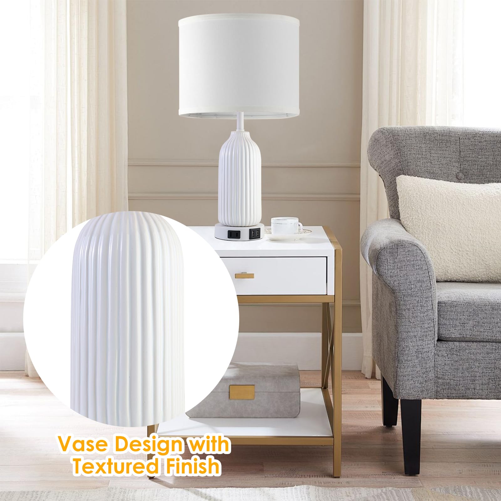 20 Ceramic Table Lamps 3 Color Temperatures Bedside Lamps Set Of 2 With Usb Ports & Ac Outlet, Modern White Lamps For Bedroom Ni