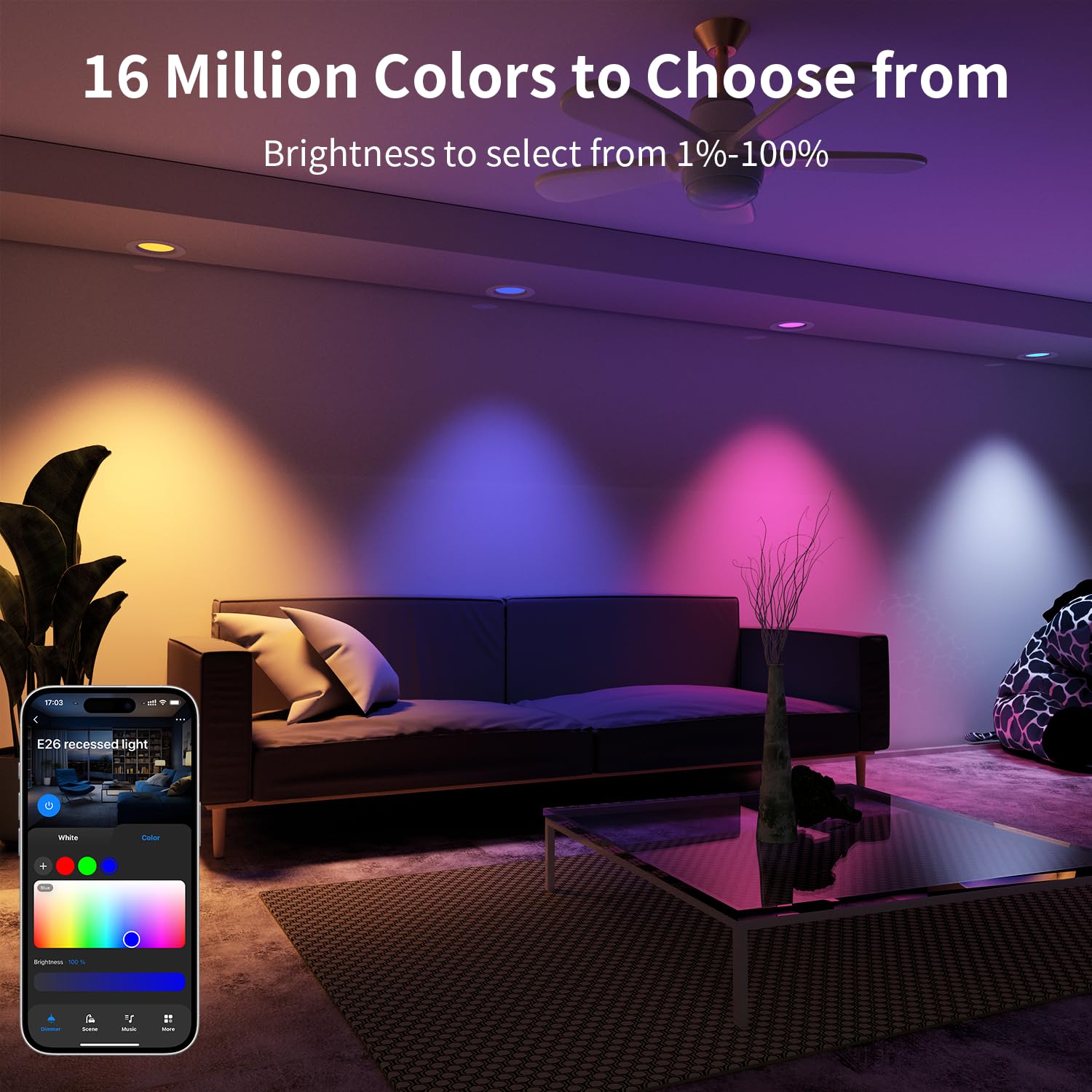 Peteme E26 Retrofit Led Recessed Lighting 6 Inch, Ic Rated Etl Certified Smart Can Light Baffle Trim Style, Rgbcw Dimmable Color