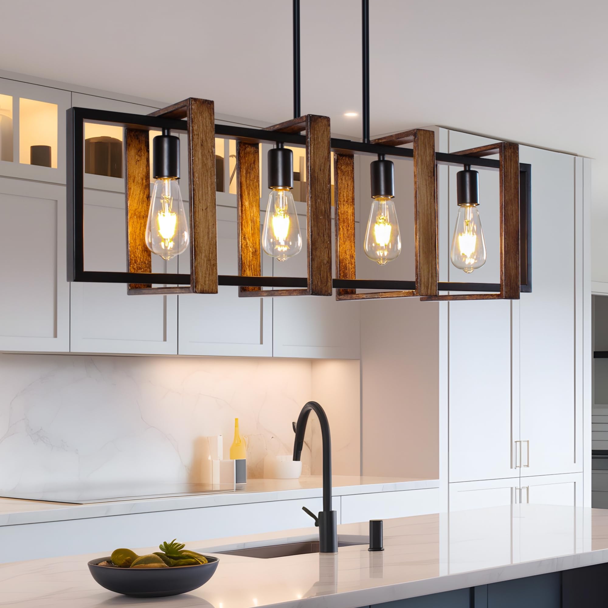 Tyhogar Dining Room Light Fixture-35 Adjustable Height 4-Light Farmhouse Chandelier Rustic Faux Wooden Kitchen Island Lighting Country Style Dining Room Chandeliers (No Bulbs Included)