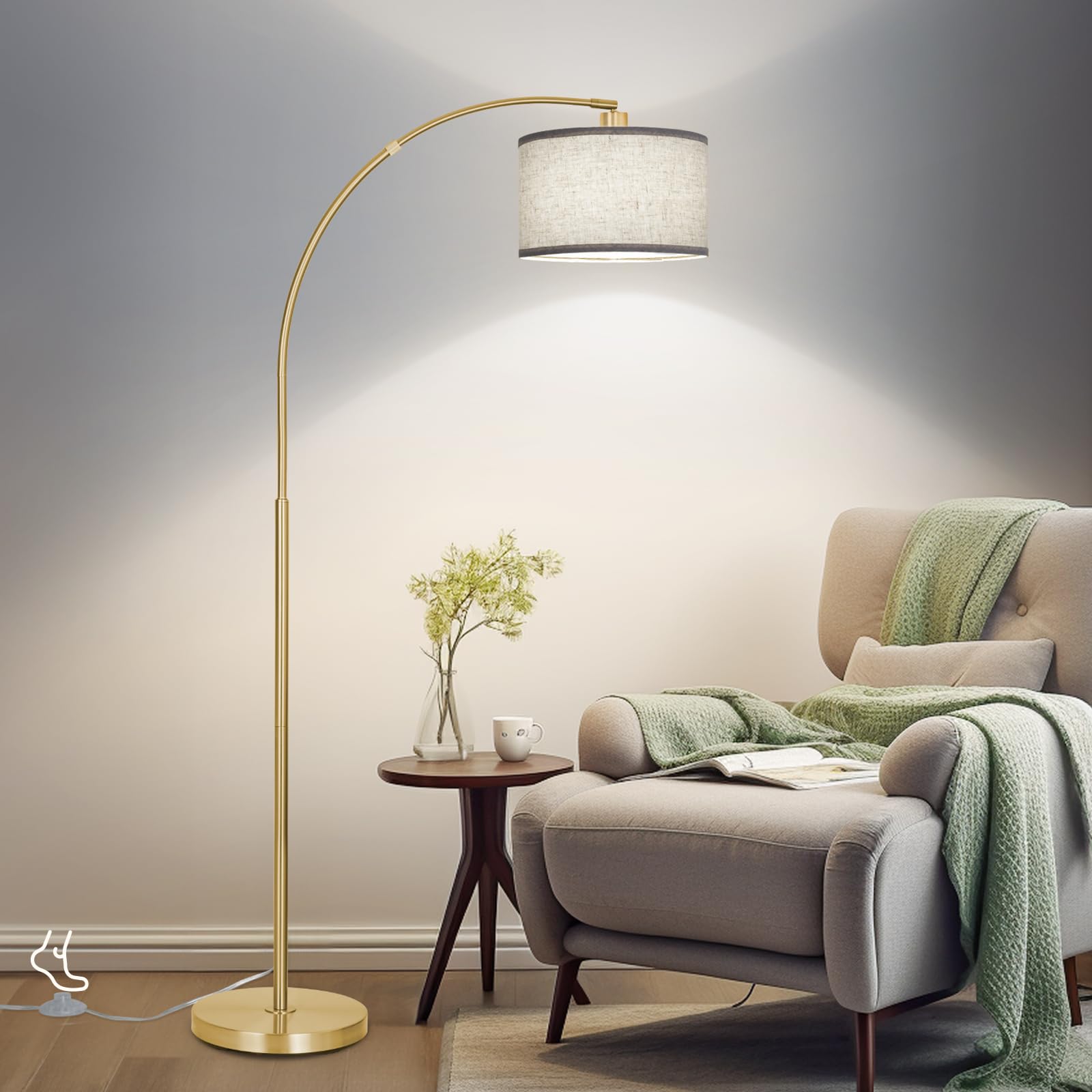 Gold Arc Floor Lamp for Living Room, Floor Lamp with Adjustable Drum Lampshade, Modern Tall Standing Lamp with Foot Switch, Over