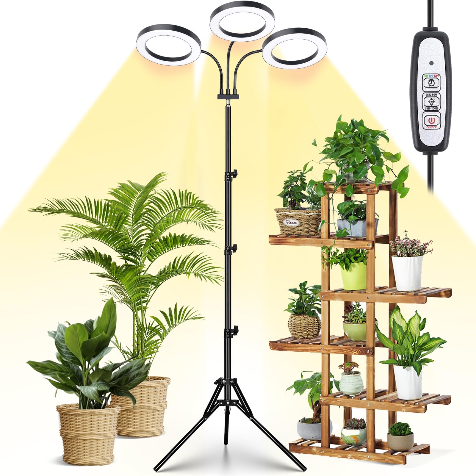 Lordem Grow Light For Indoor Plants, Tri-Head Plant Light For Plants Growing, Full Spectrum Growth Lamp With Auto Timer For 4/8/12H, 4 Dimmable Levels, 216 Leds, Height Adjustable Stand 24.4"- 67"