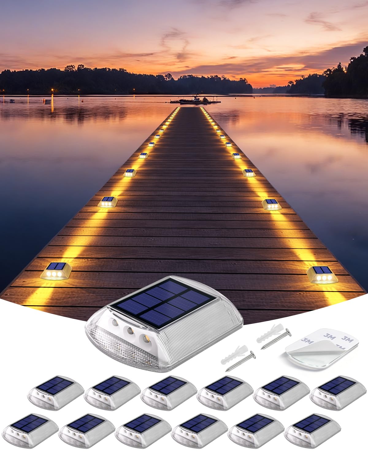 DetarZinLED Solar Deck Lights Outdoor, 12 Pack Warm Driveway Lights Solar Powered, IP68 Waterproof Stick on & Screw Dock Light f