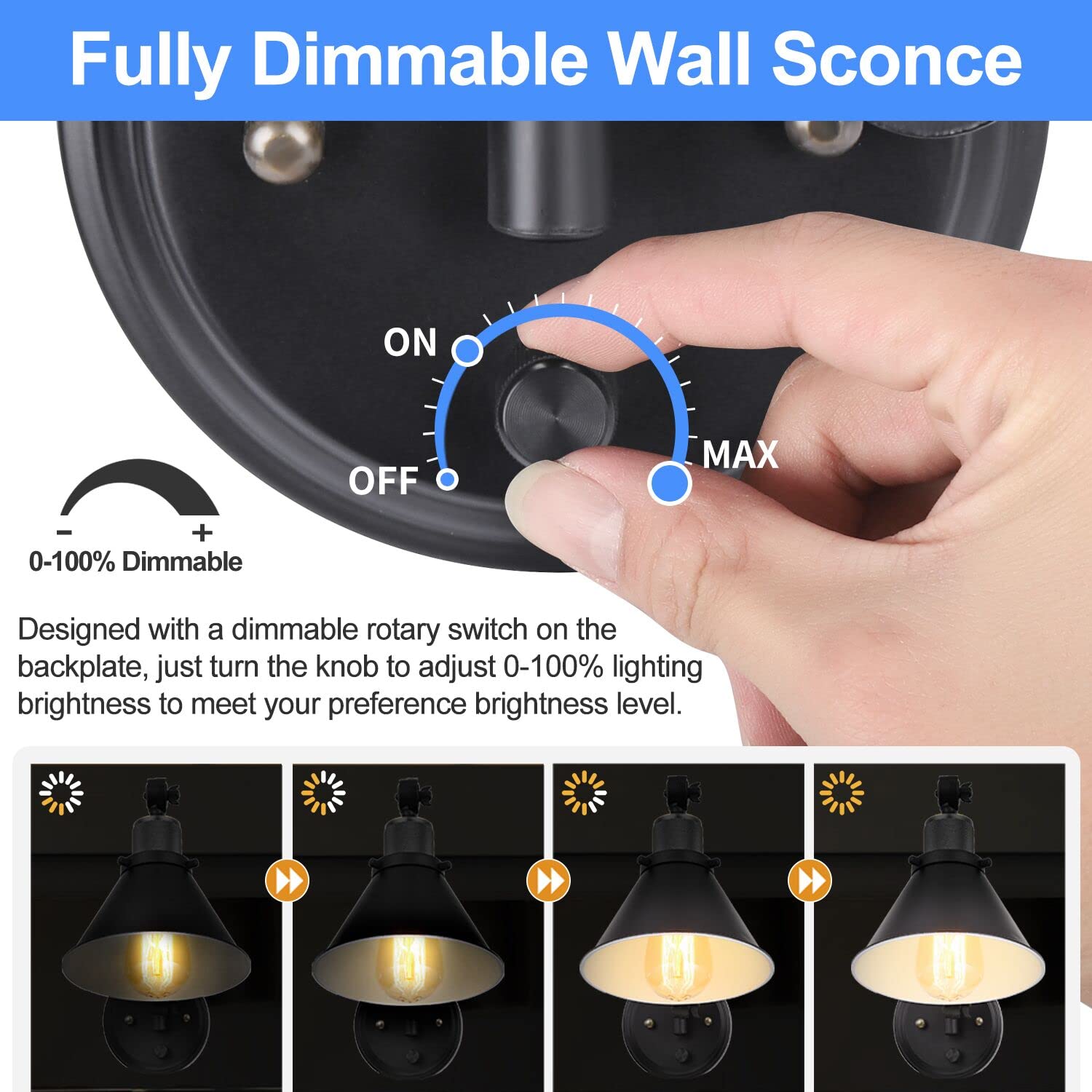 TRLIFE Dimmable Wall Sconce, Swing Arm Light, Metal, Black, E26 Base, 1 Pack, UL Listed, Two-Arms
