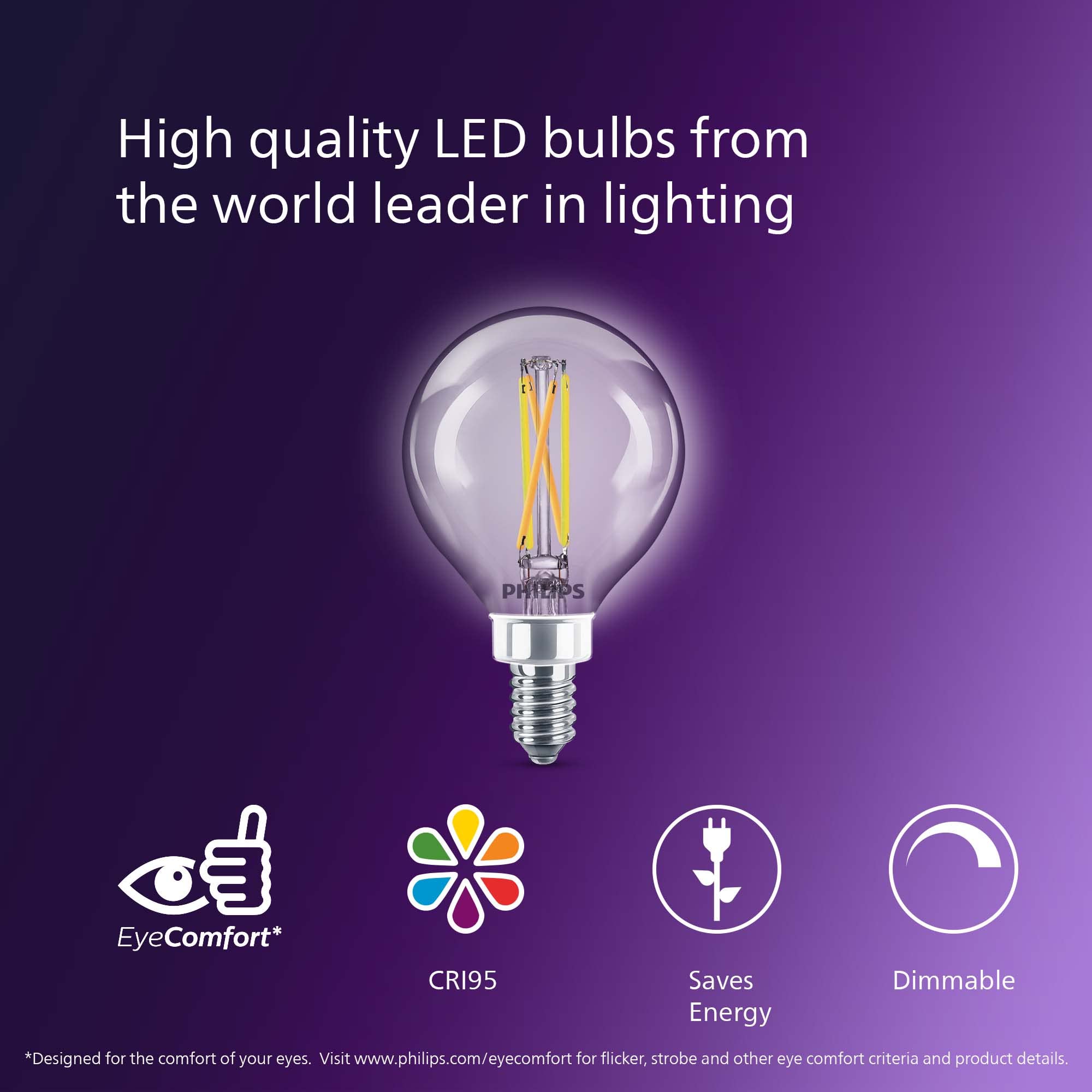 Philips LED G16.5 Glass Light Bulb, Dimmable 350 Lumen, EyeComfort, Soft White 2700K, 3.5W=40W, E12
