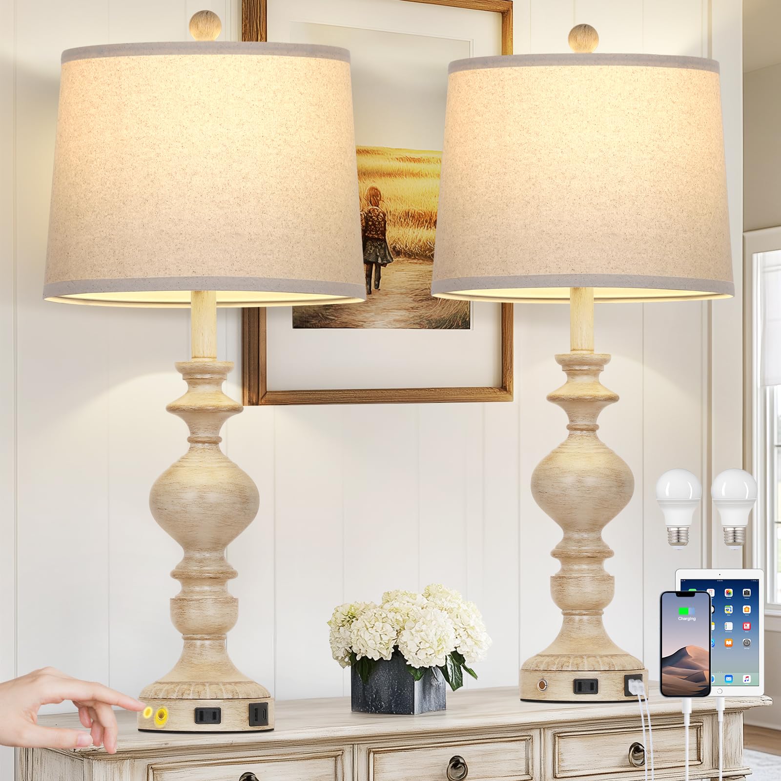 28'' Farmhouse Table Lamps Set Of 2, Rustic Lamp For Living Room With Usb C+A Ports & Ac Outlet, 3 Way Touch Control Resin Bedsi