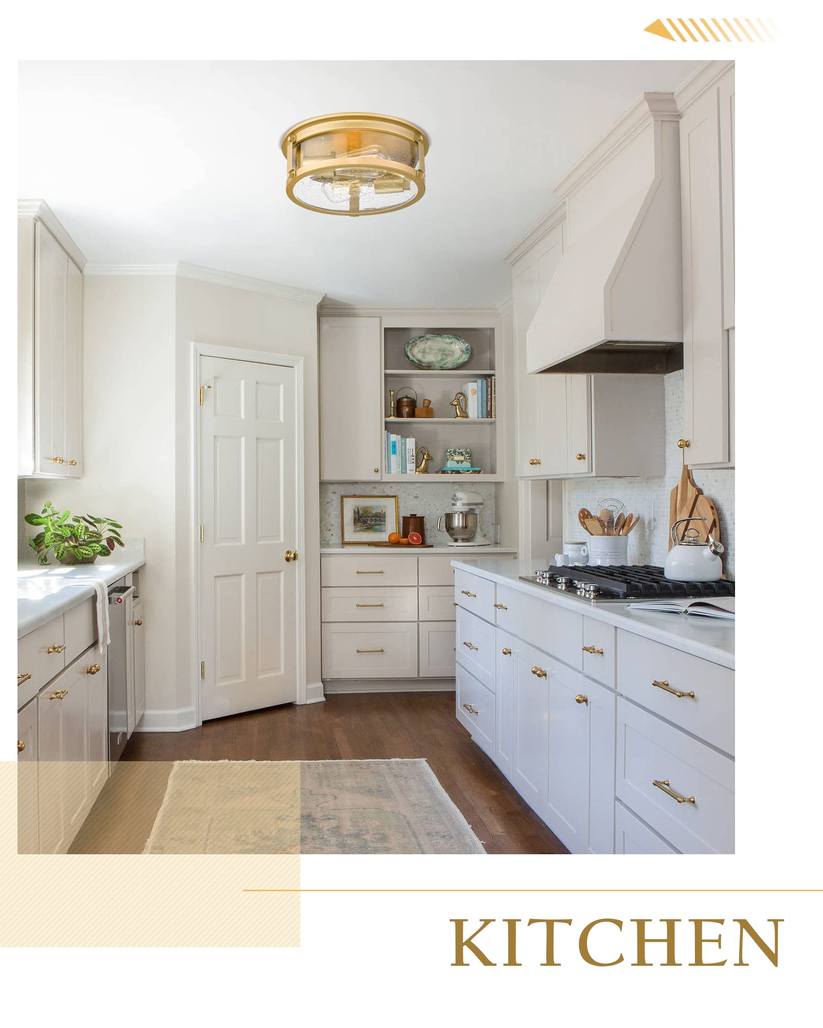 Foitton Gold Flush Mount Ceiling Light, 2-Light Industrial Seeded Glass Fixture For Home