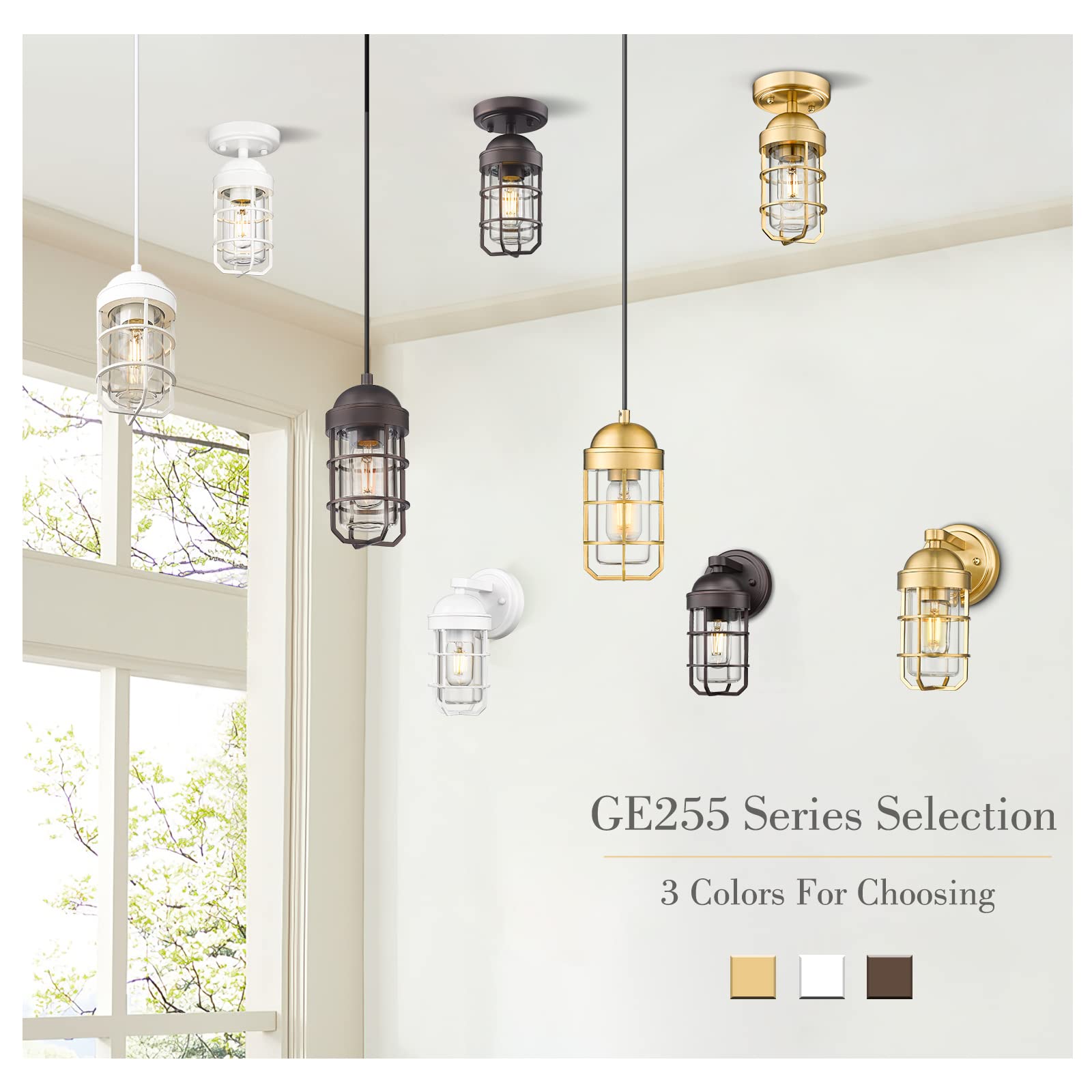 Emliviar Farmhouse Ceiling Light, Vintage Semi Flush Mount Light for Indoor, Security Light with Clear Tempered Glass, Oil Rubbe