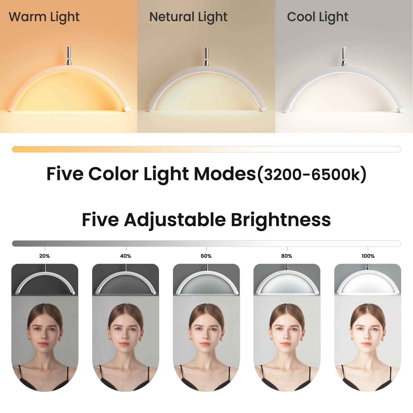 Mznoo Lash Light For Eyelash Tech, Half Moon Light For Lashes And Estheticians, Led Floor Lamp For Eyelash Extensions, Nail Art,