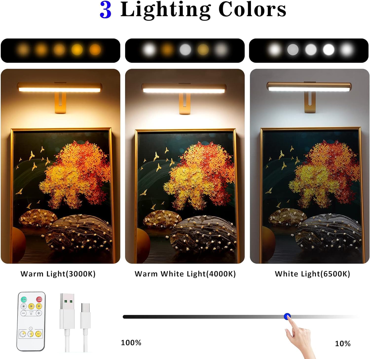 Zocalok Rechargeable Picture Light, Cordless Picture Light For Paintings With 2 Remotes, Metal Picture Frame Light With 16 Leds