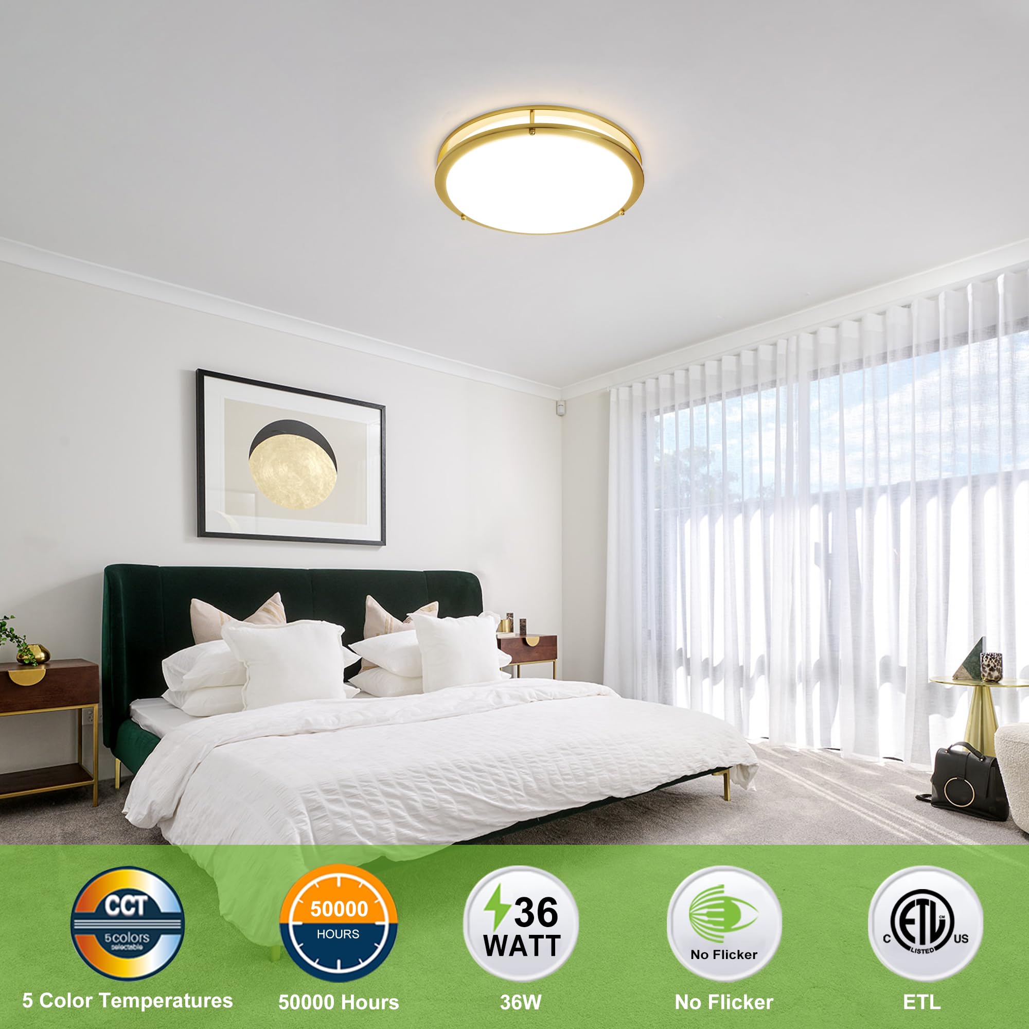 Hykolity 16 Inch Dimmable Led Flush Mount Ceiling Light Fixture, Gold, 36W, 2200Lm, 2.7/3/3.5/4K/5K Adjustbale, 120?Light Angle,