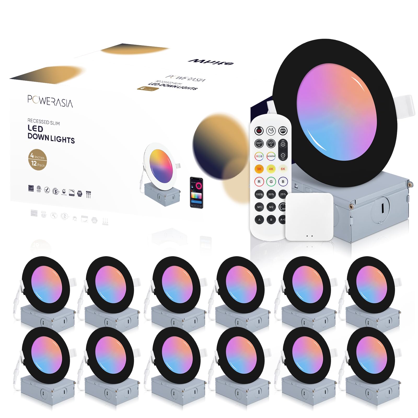 12 Pack Black Smart Recessed Lighting 4 Inch, Ultra-Thin 4 Inch LED Recessed Lights 9W 700LM Smart Downlight with Junction Box, 