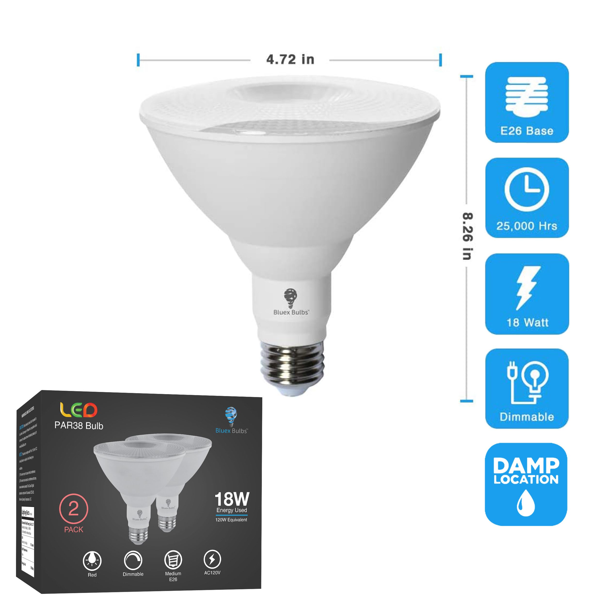 Bluex Bulbs PAR38 LED Flood Light Bulb - 18W Dimmable - E26 Base - 2 Pack - Red+Green