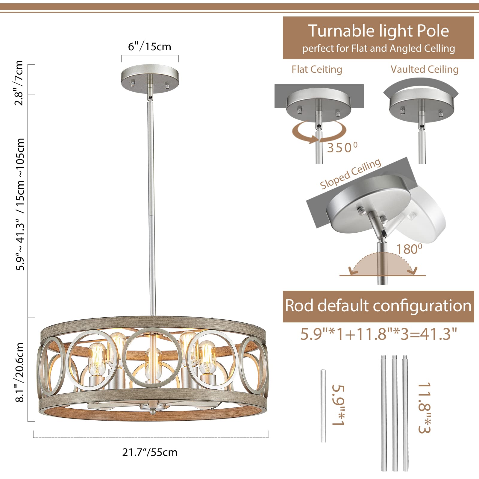 peskoe Modern Farmhouse 22'' Drum Chandelier - Nickel Metal & Wood Grain Pendant Light for Dining Room, Living Room, Kitchen, Bedroom