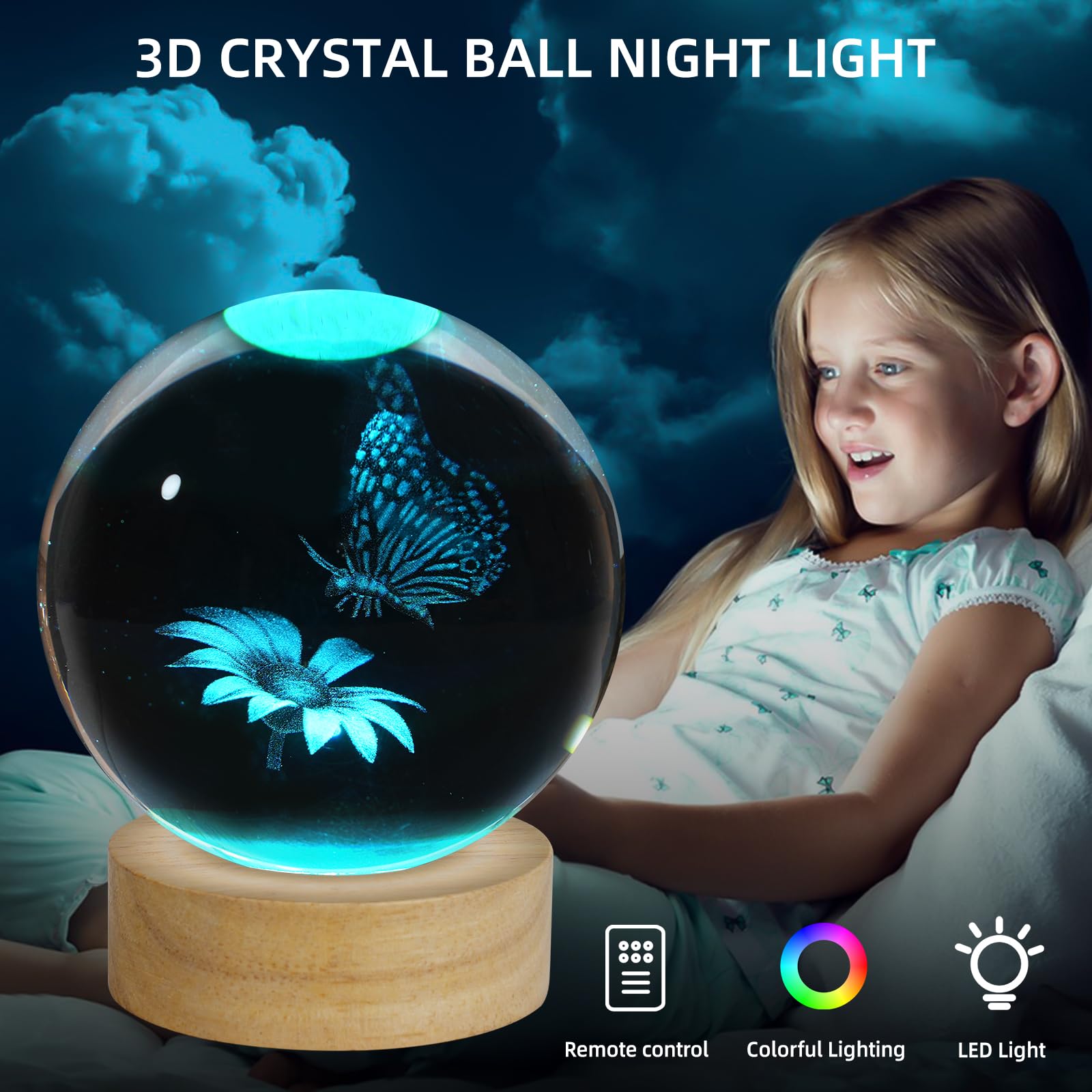 Zxblaq 3D Butterfly Crystal Ball Night Light, Upgraded 3.15 Inch Glass Ball Lamp With 16 Color Led Wooden Base, Butterfly Lamp B